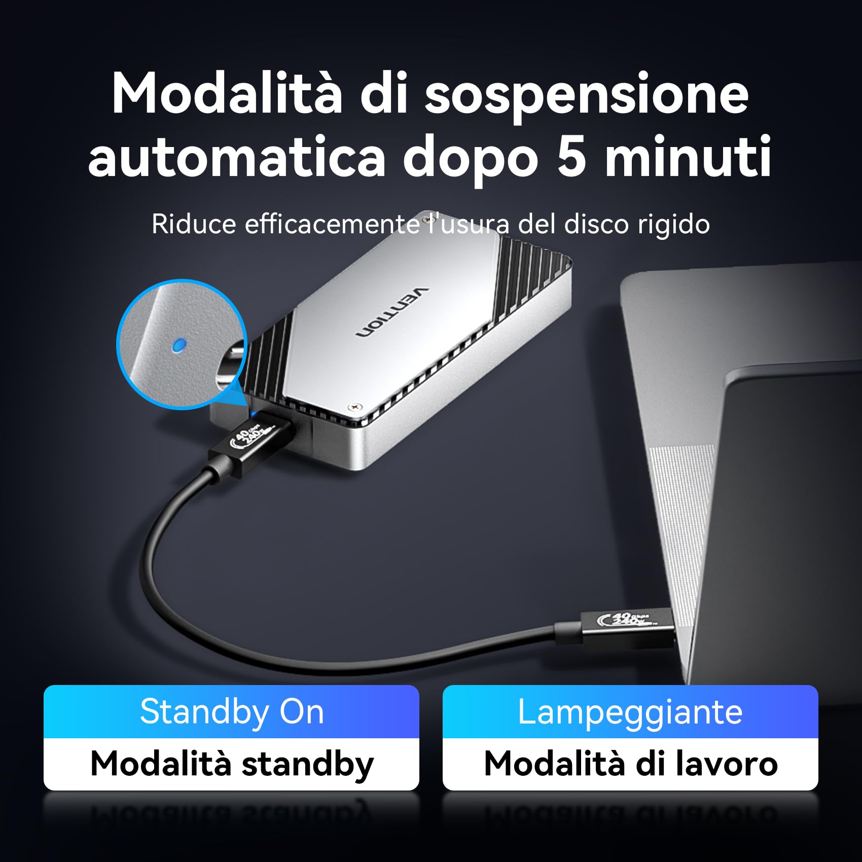 VENTION Custodia M.2 NVMe 40Gbps, Carcasa PCIe in alluminio con ventola intelligente, Cassa SSD senza strumenti per USB4/Thunderbolt, Supporto clav. M/M+B 2230/2242/2260/2280