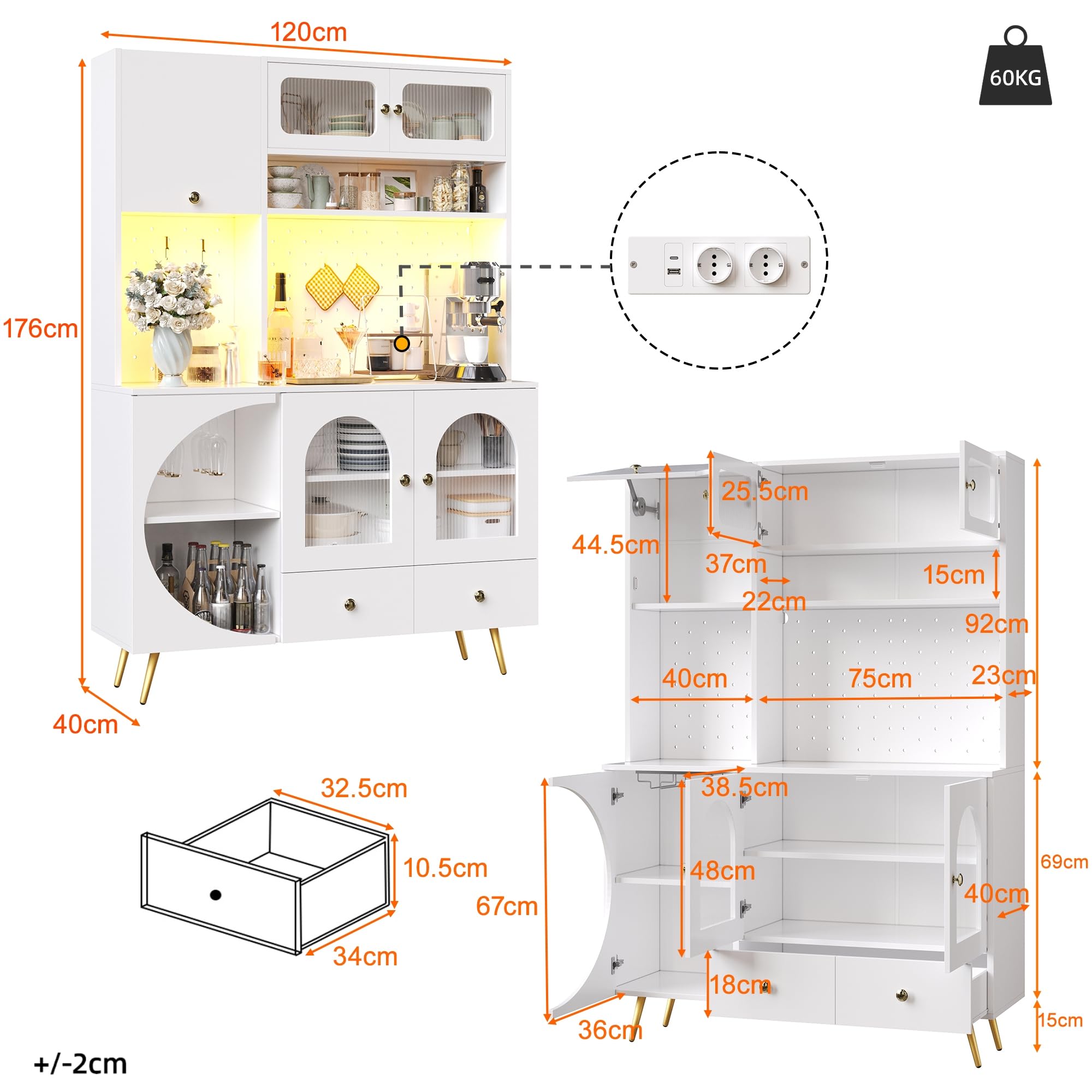 Aparador Cocina Alto Armario Cocina con Enchufe y LED, Alacena de Cocina con Puerta Vidrio y Placa Orificio, Mueble Aparador con Portavaso y Cajón, Dispositivo Antivuelco, 120x40x176 cm, Blanco