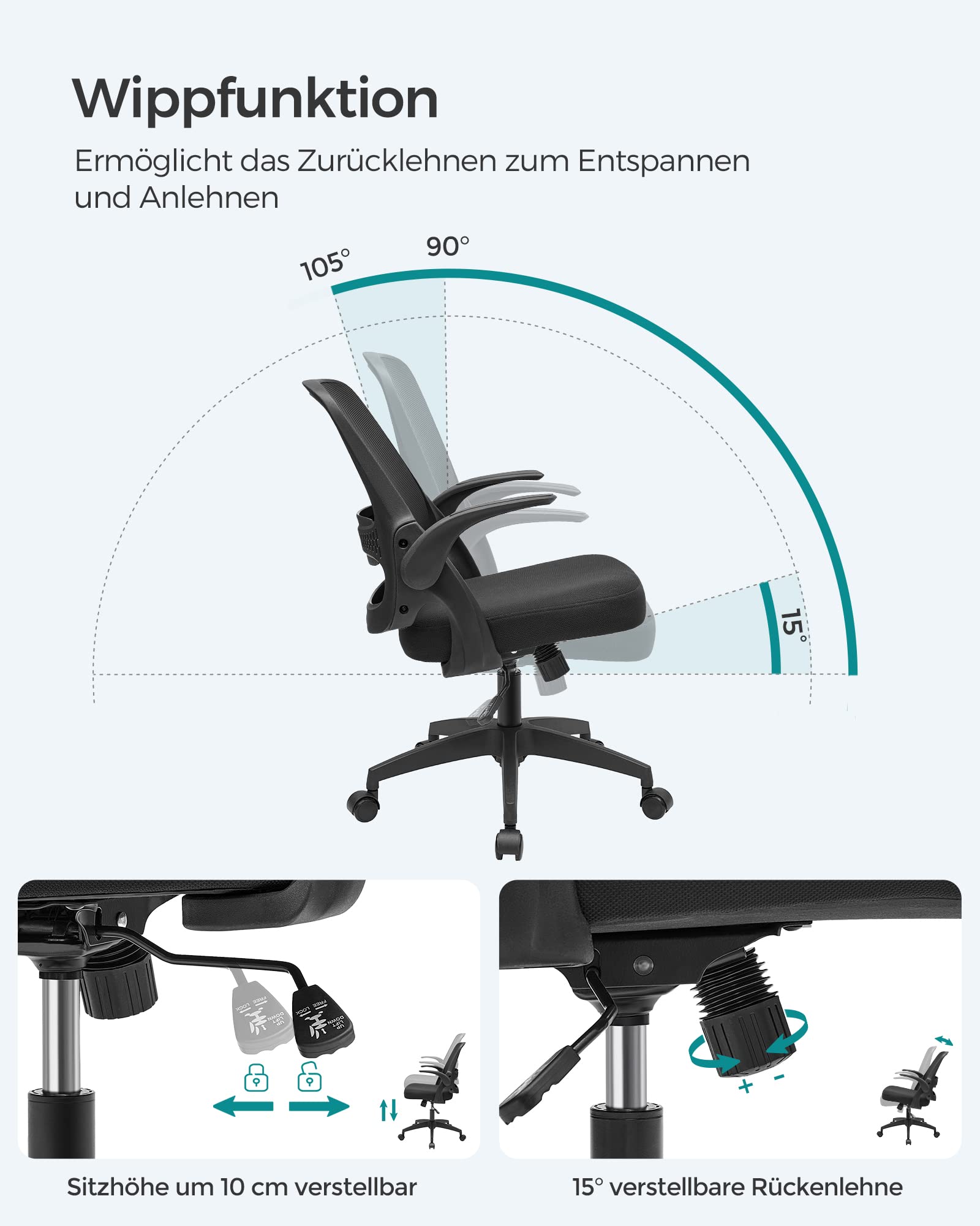 SONGMICS Silla de Oficina, Silla de Escritorio, Silla Giratoria Ergonómica, Silla de Ordenador, Altura Ajustable, Apoyabrazos Abatibles, Mecanismo de Inclinación, Negro OBN035B01