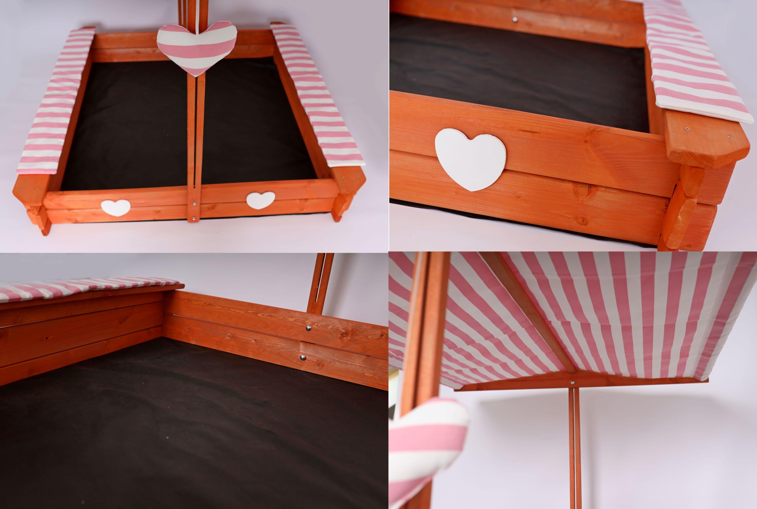 Sandkasten mit wasserdichtem Dach 120x120x120cm Naturholz Fichtenholz UV-Schutz + weiche Sitzkissen, Kantenschutz Vliesboden Sandspielzeug für Kinder (Rosa)