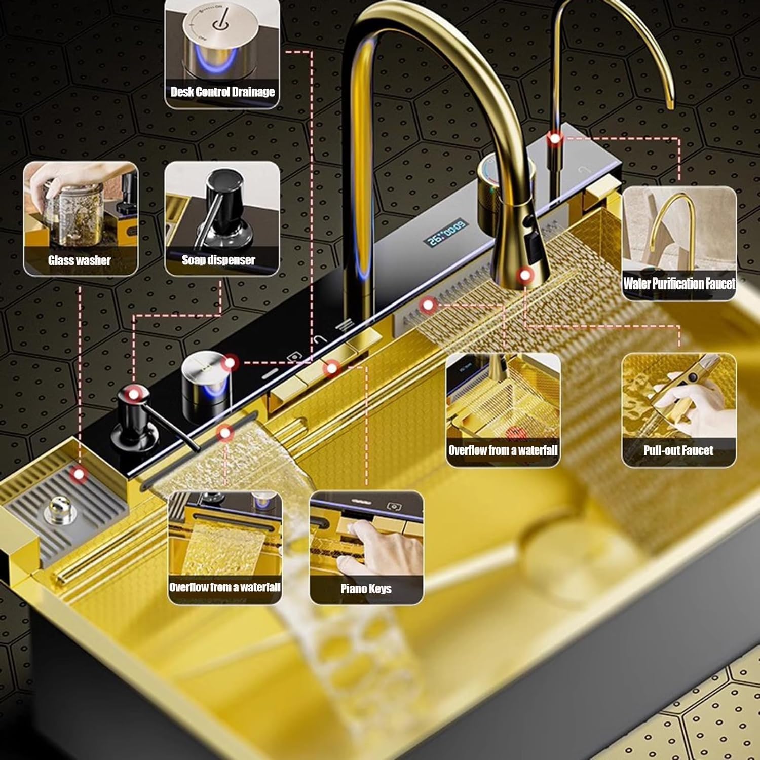 Évier Double Cascade avec Affichage LED, Lave-Tasses, Distributeur de Savon, mitigeur Cascade, Commandes sur Plan de Travail, etc. Poste de Travail pour évier de Cuisine.