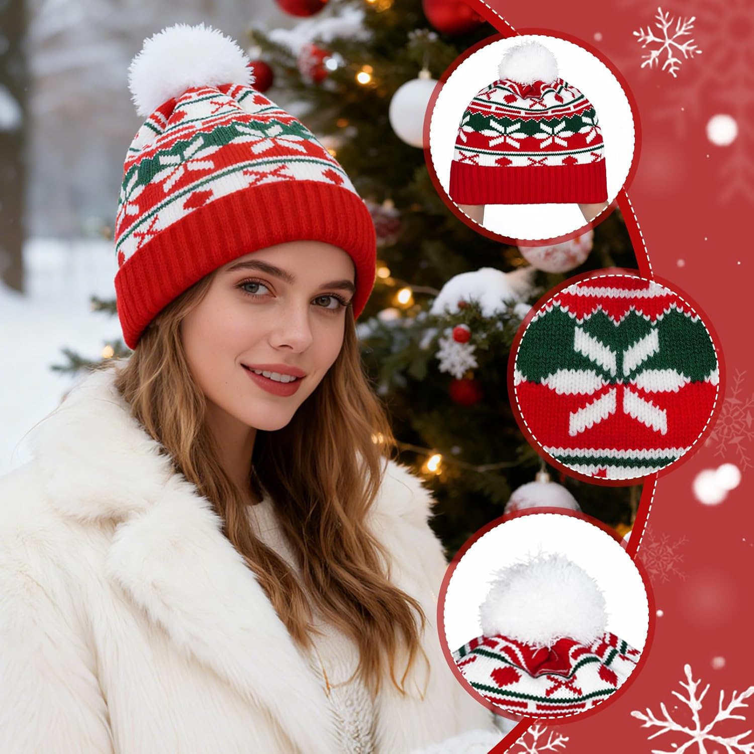 Christmas Knitted Hat with Pom Pom Red Beanie Christmas Hat Winter Cap for Women Men Xmas Holiday Party Supplies - Image 2