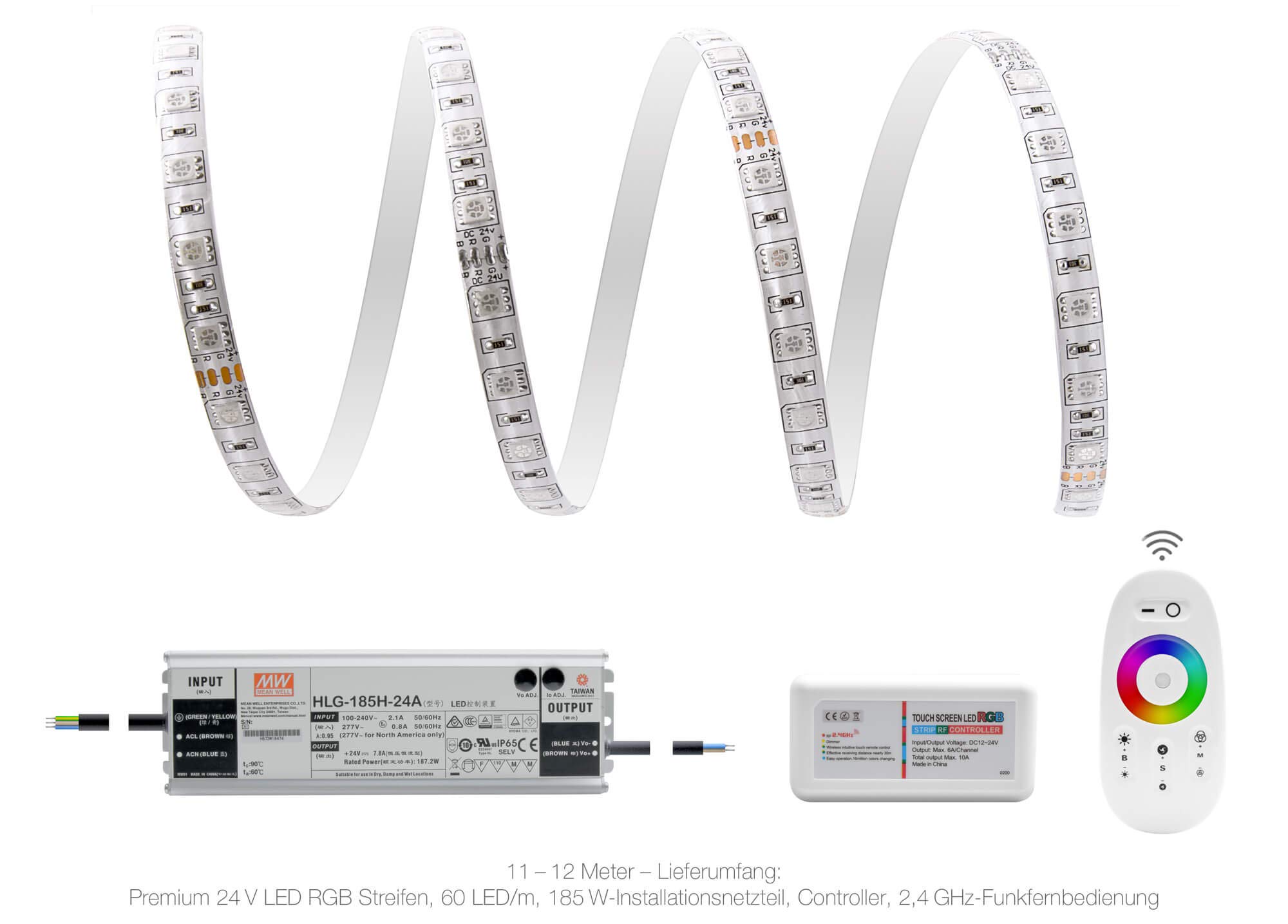 11 metros profesional RGB Tira LED (60 LED/M, IP65, 24 V), con controlador, mando a distancia y 185 W Instalación Fuente