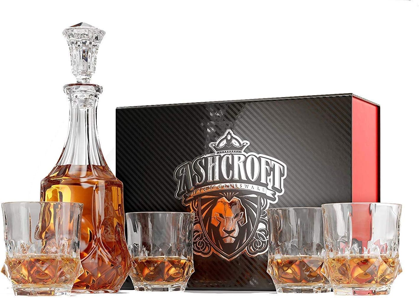 Ashcroft Imperial Whiskey Decanter Set - Lead Free Crystal Glasses for Scotch, Rum, Old Fashioned 5 Piece