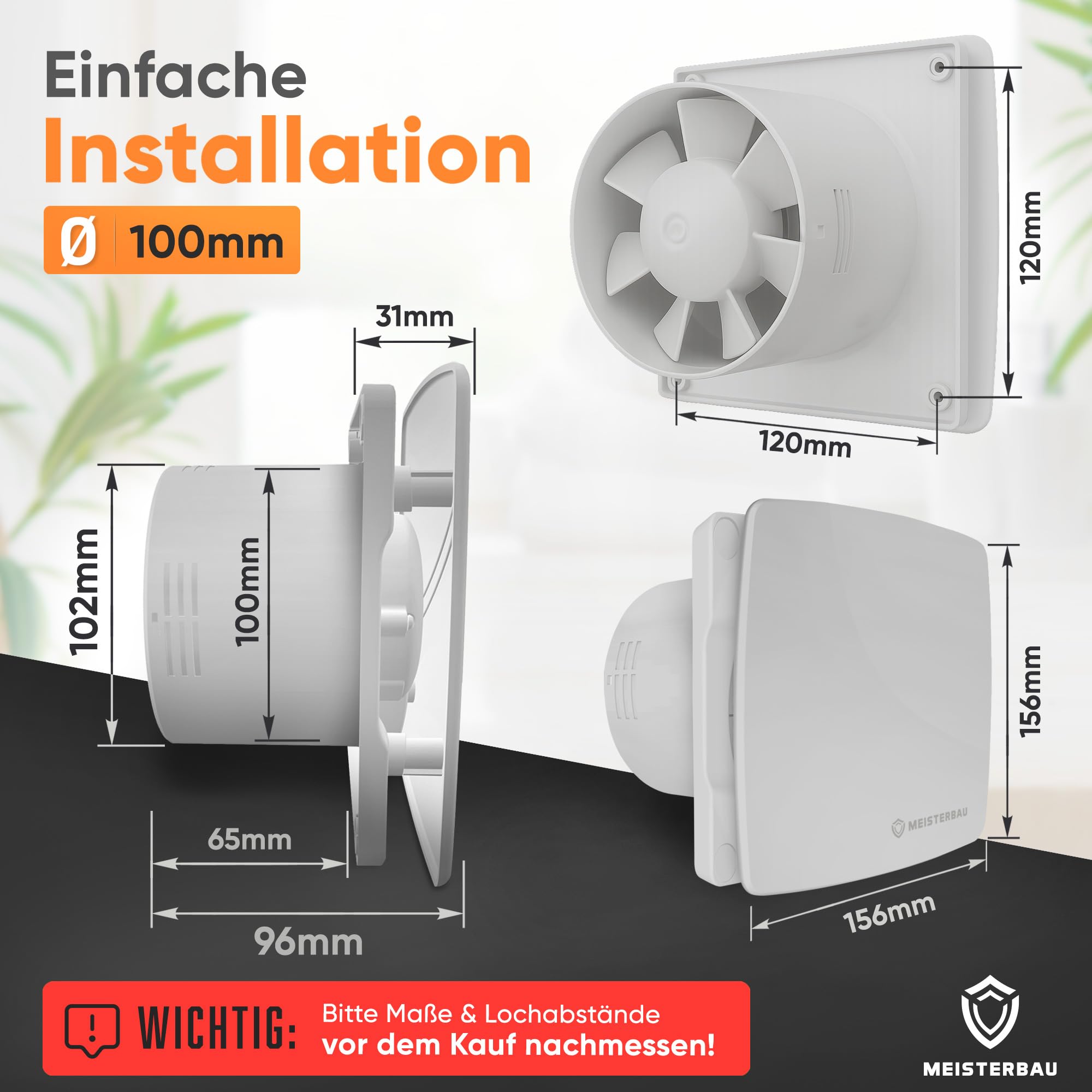 MEISTERBAU - Badlüfter mit Feuchtigkeitssensor & Nachlauf [Made in Europe] - Leiser Lüfter 100mm Durchmesser - mit Nachlauf - Effizienter Abluftventilator - Bad & Dusche