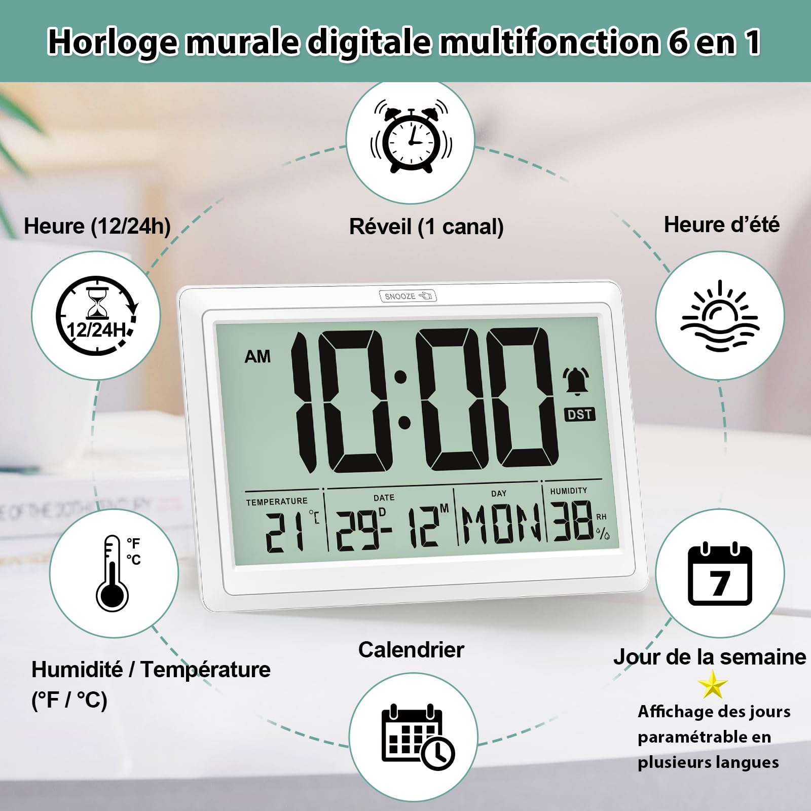 XREXS Horloge Murale Numérique 19,4 x 10,4 cm - Écran LCD HD, Réveil, Température & Humidité, 12/24h