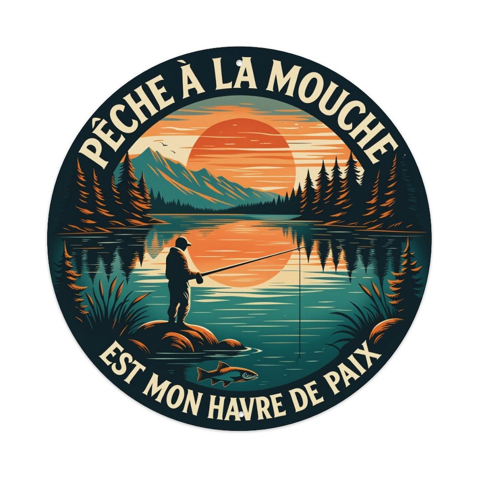 Fishing Sunset Mountain Lake Fish Round Tin Sign Vintage Metal Poster, Home Bar Garage Man Cave Cafe Indoor & Outdoor Wall Decoration 8x8Inches
