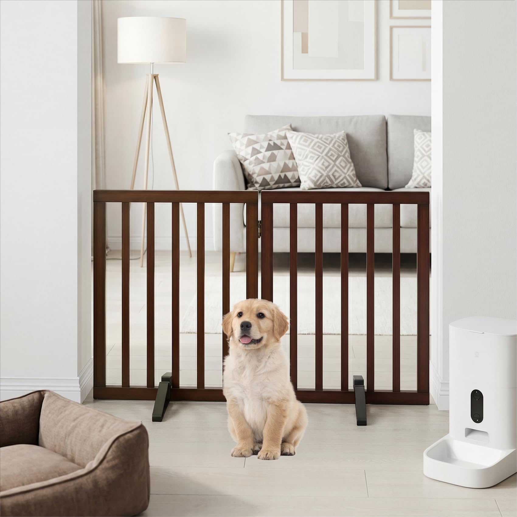 Semiocthome Bamboo Freestanding Dog Gates for Doorways, 2-Panel Indoor Puppy Gates for The House with 2 Metal Stands, 60cm(H) Folding Pet Gate for Stairs Expands Up to 94cm(W) Walnut — view 39