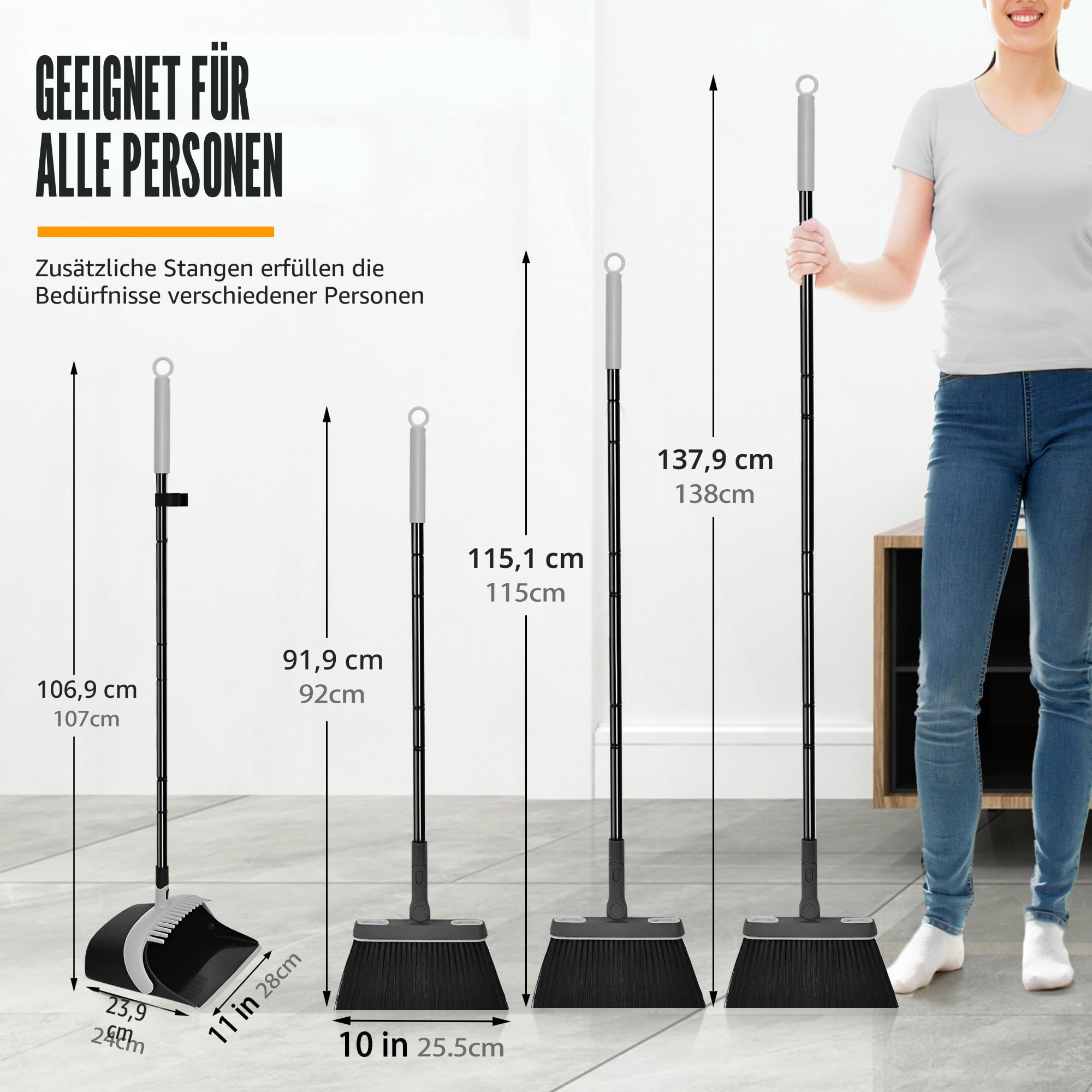 JEHONN Besen und Kehrschaufel Set mit Langem Stiel 138 cm, 180 Grad Drehbar Camping Kehrbesen Innen und Schaufel für Vorzelt, Haus, Büro, Lobby, Terrasse (Schwarz & Grau)