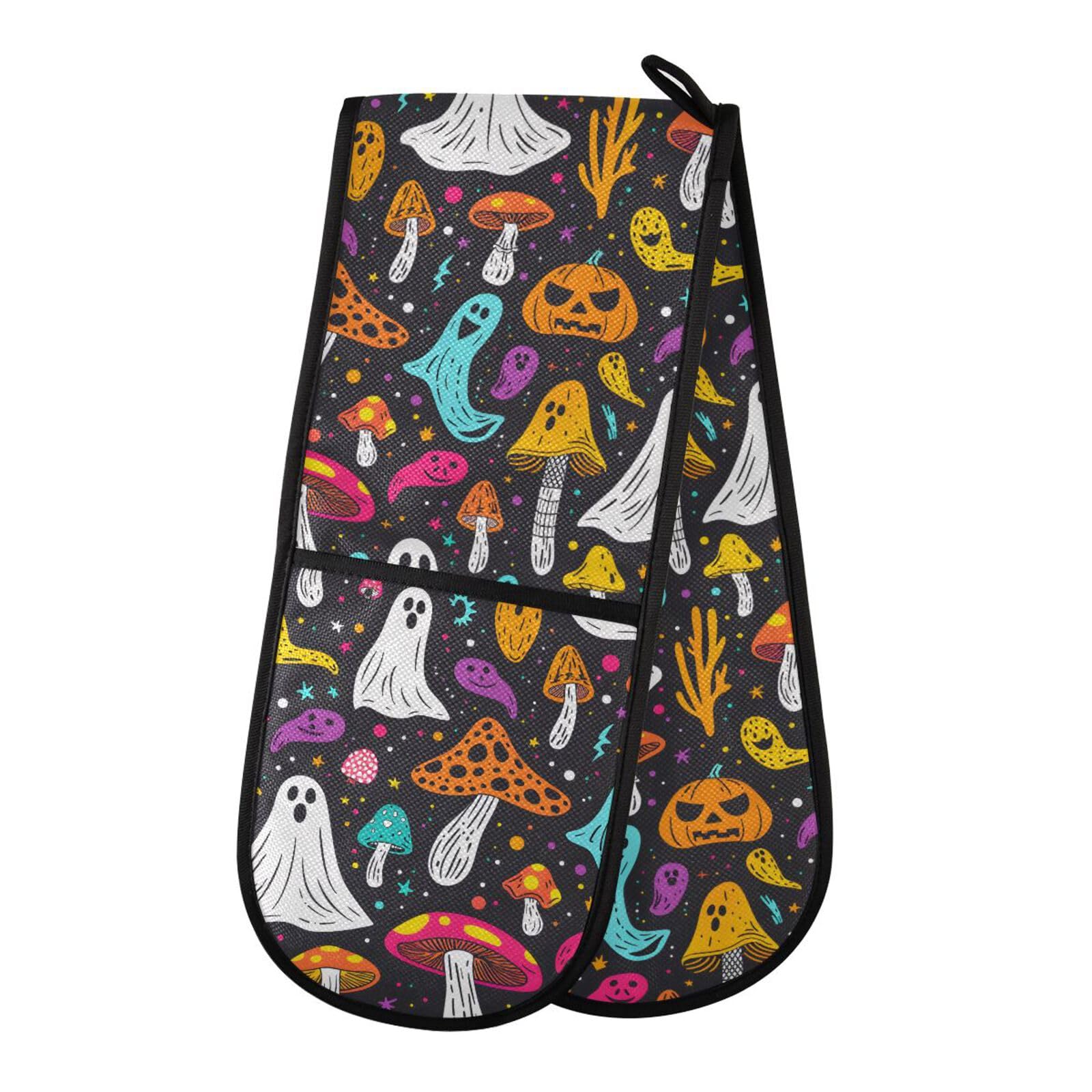 Double Oven Gloves Halloween Ghosts Mushrooms Colorful Heat Resistant Pot Holder Oven Mitt Gloves for BBQ Cooking Baking Grilling Microwave