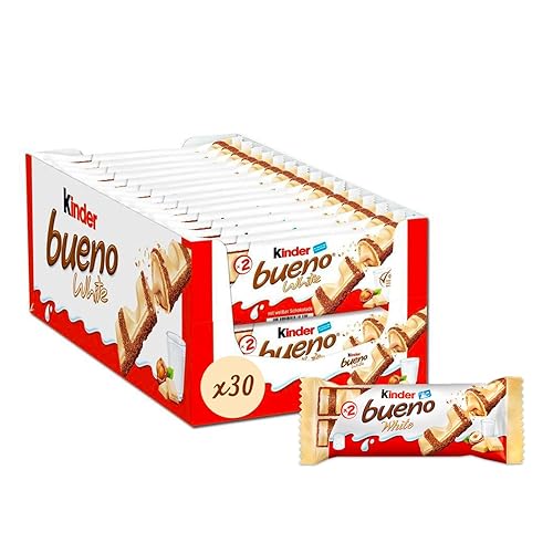 Kinder Bueno White - Fine Gaufrette Enrobée de Chocolat Blanc avec un Coeur Lait et Noisettes - Biscuit Fondant et Croustillant - Format à partager- 30 x 2 Barres (39g)