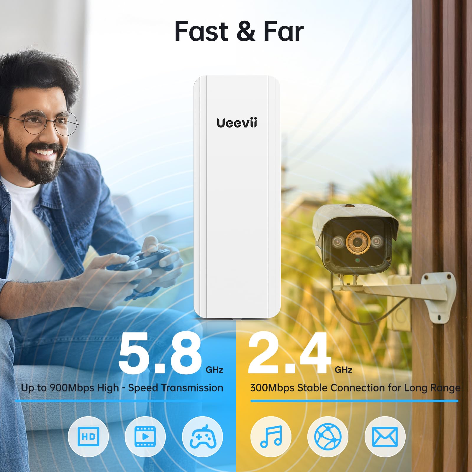 UeeVii Kit de routeur de pont sans fil double bande | Pont WiFi 2,4 G 5,8 G | Extension Starlink de réseau extérieur point à point de 5 km pour grange/boutique | Résistant aux intempéries IP65 | Plug