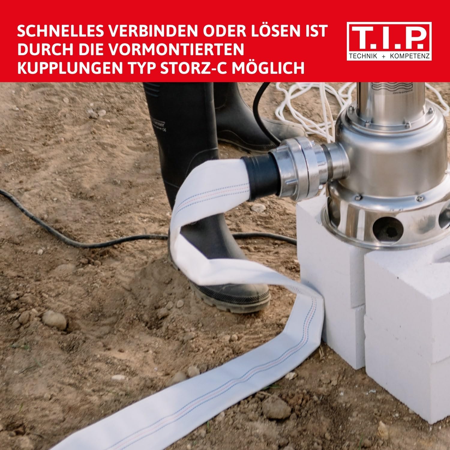 T.I.P. Bau- und Industriegewebeschlauch - Feuerwehrschlauch 15 m (mit zwei 2" C 52-Storz-Kupplungen, für alle Wasserpumpen bis 10 bar Druck, Schnellanschluss, zweifach gezwirnter Polyestergarn) 31090
