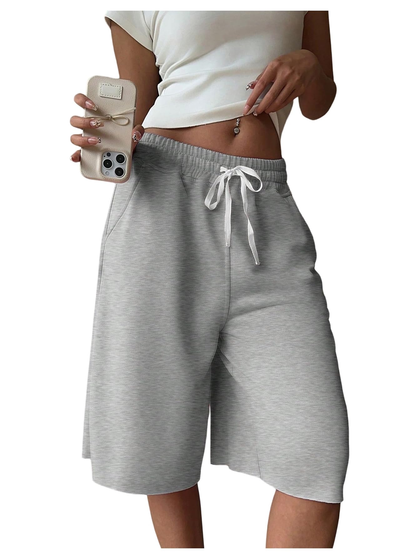 shenhe Women's Wide Leg Sweat Shorts Drawstring Casual Lounge Sports Knee Length Bermuda Shorts-picture-23