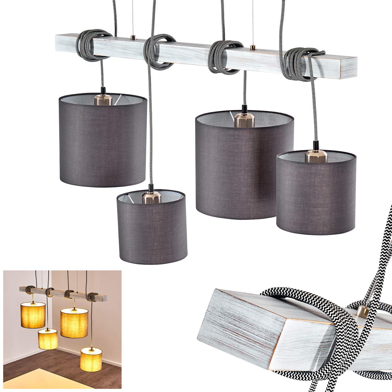 HOFSTEIN Pendelleuchte Bramois, Hängelampe aus Metall mit Textilkabel, Leuchtenschirme aus Stoff in Grau/Weiß, Hängeleuchte im Retro/Vintage-Design mit Schirmen aus Stoff, 4 x E27, Esszimmer, Küche