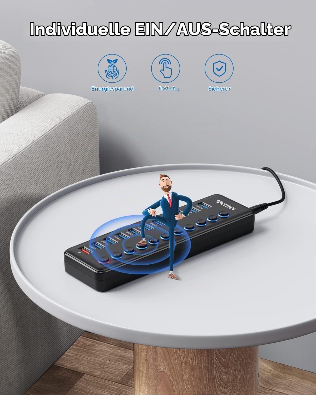Powered USB Hub, Wenter 11-Port USB Splitter Hub (10 Faster Data Transfer Ports+ 1 Smart Charging Port) with Individual LED On/Off Switches, USB Hub 3.0 Powered with Power Adapter for Mac, PC