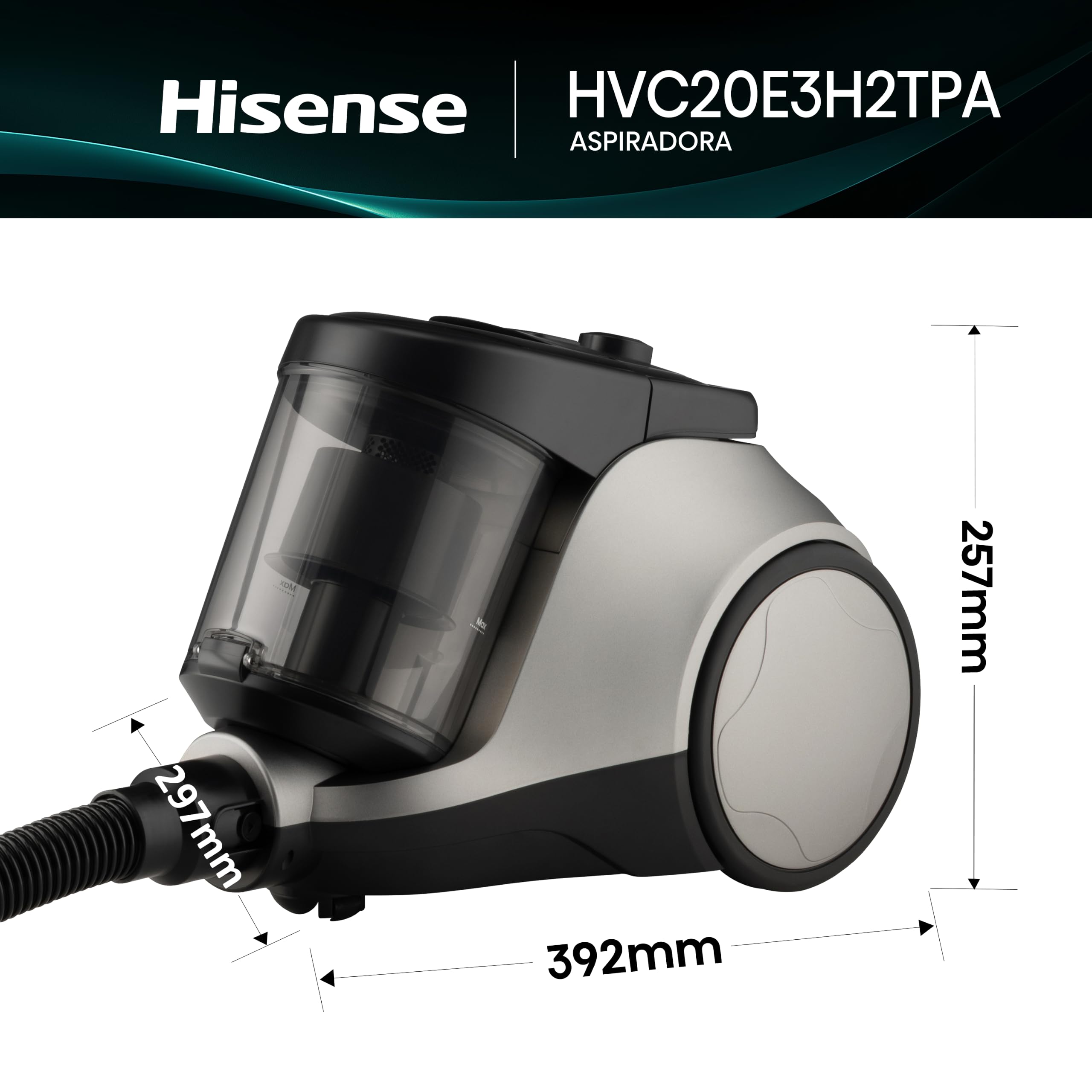 Hisense HVC20E3H2TPA Aspiradora Trineo ciclónica sin Bolsa, Cepillo HI2 Textil y Mascotas, Potente succión de 160W, Tubo telescópico metálico y Boquilla con Cepillo 2 en 1 para Suelos Duros