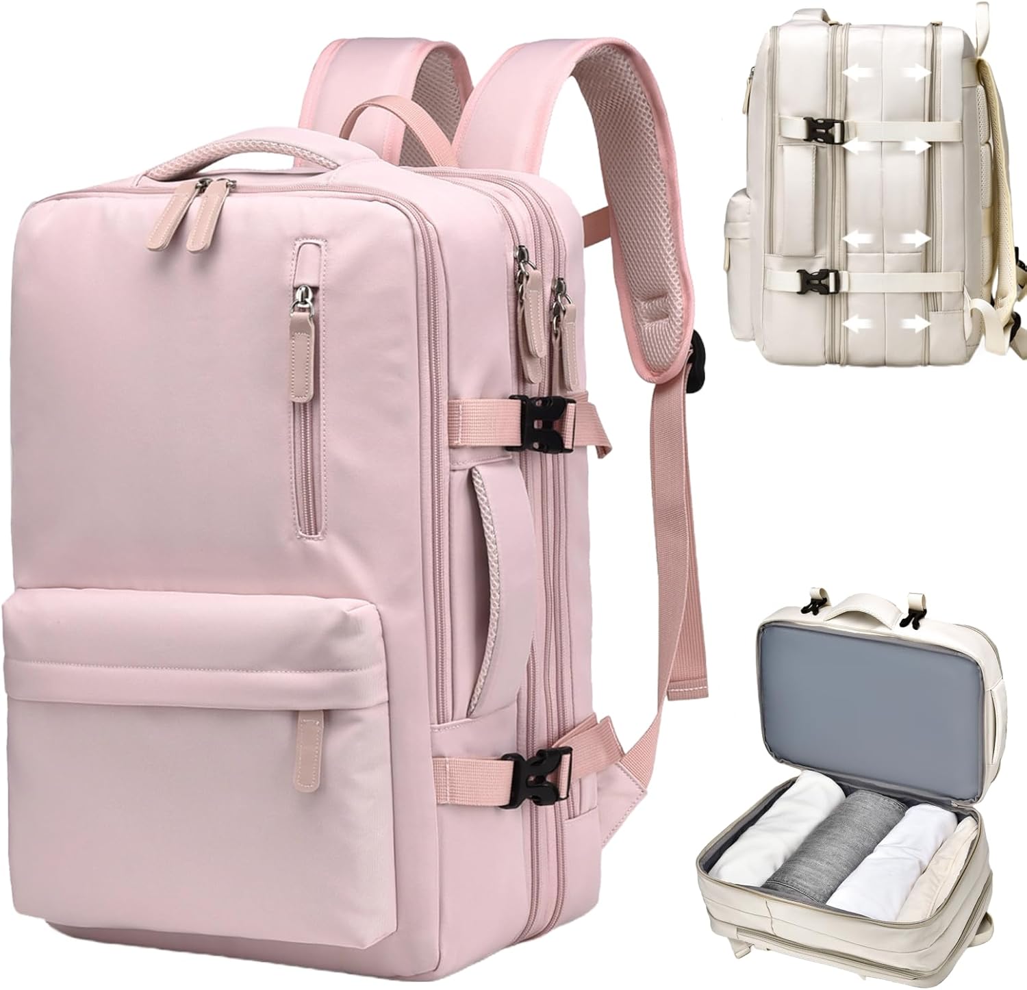 Travel Laptop Backpack 30L for Men Women, Expandable Carry on Backpack Airplane Approved, Large Waterproof 15.6" Daypack Backpacks with USB Charging Port for Trip College Hiking, Pink