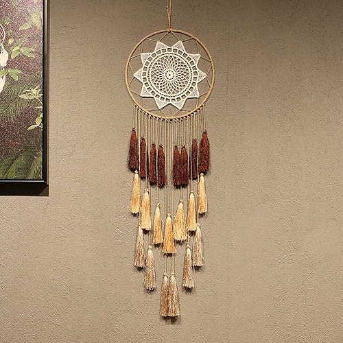 Artilady Atrapa-sueños de macramé para habitación, con borlas, para colgar en la pared, hecho a mano, decoración del hogar, con adorno de plumas,