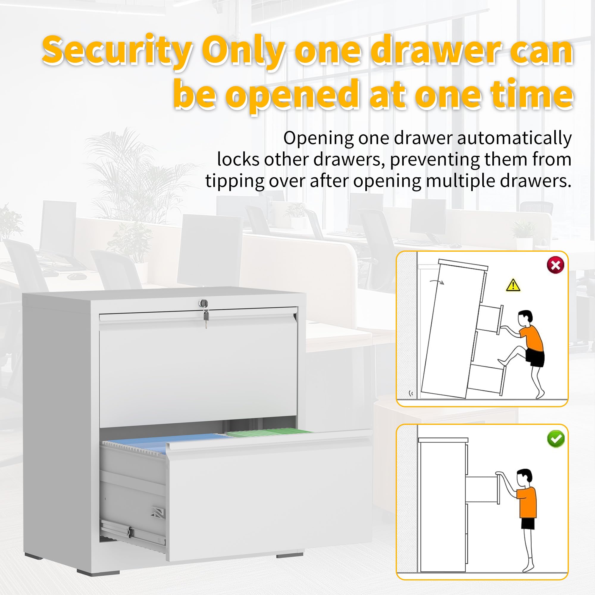 File Cabinet with Lock, 2 Drawer Filing Cabinets for Home Office, Metal Heavy Duty Lateral File Cabinet for Hanging Letter/Legal/F4/A4 Size Files, Assembly Required (White)