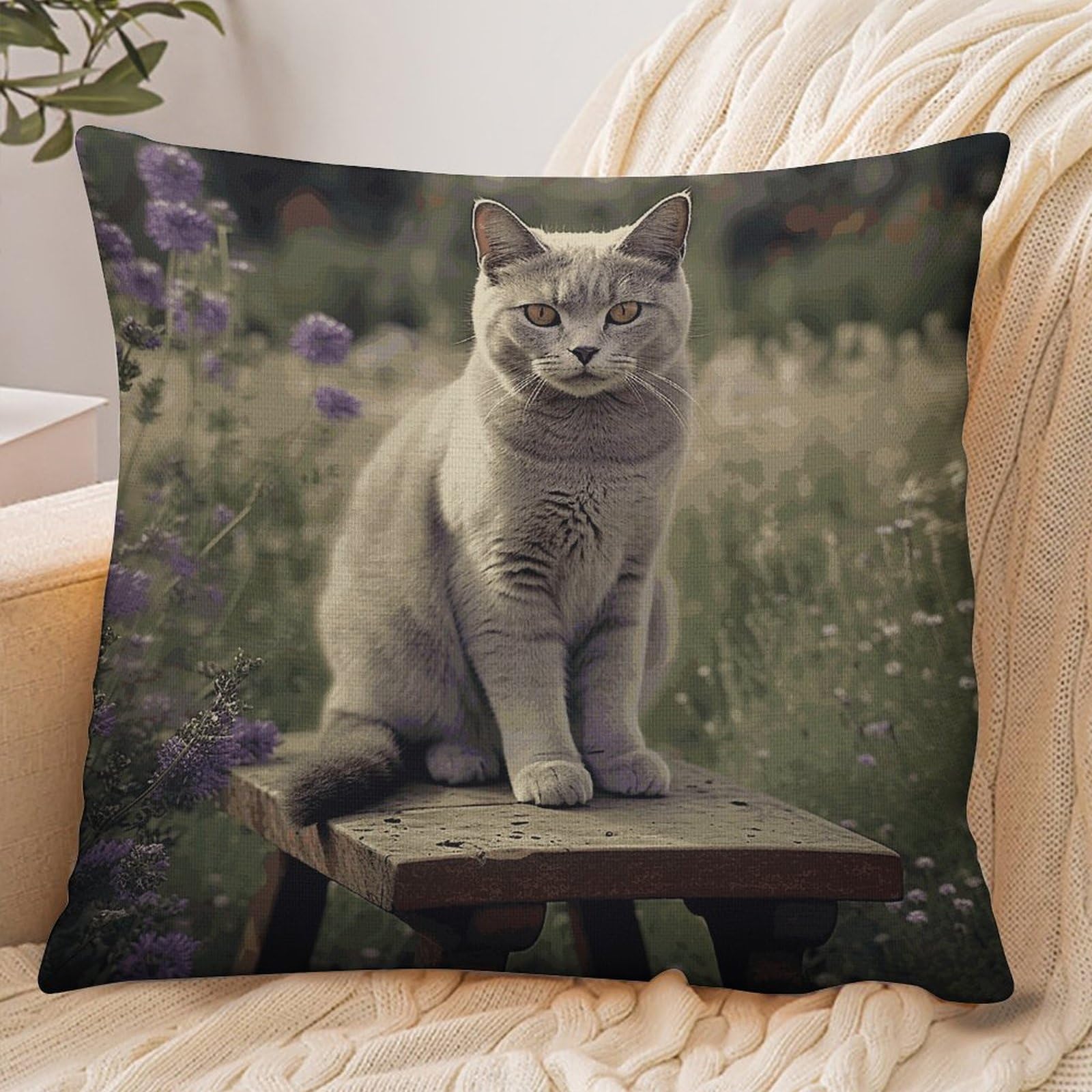 Fekiloot Style Gray Cat In Flower Field Pillowcase Pillow Sham Pillow Case