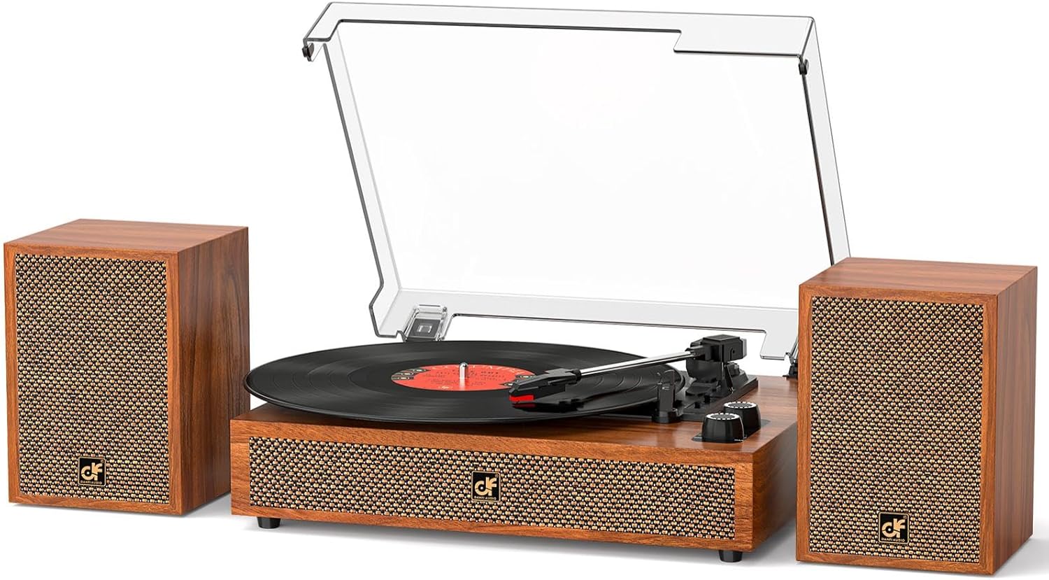 Bluetooth Record Player with External Speakers Belt-Drive Turntable for Vinyl Records Dual Stereo Speakers LP Players Support 3 Speed 3 Size, AUX RCA Output, Auto Stop, Black