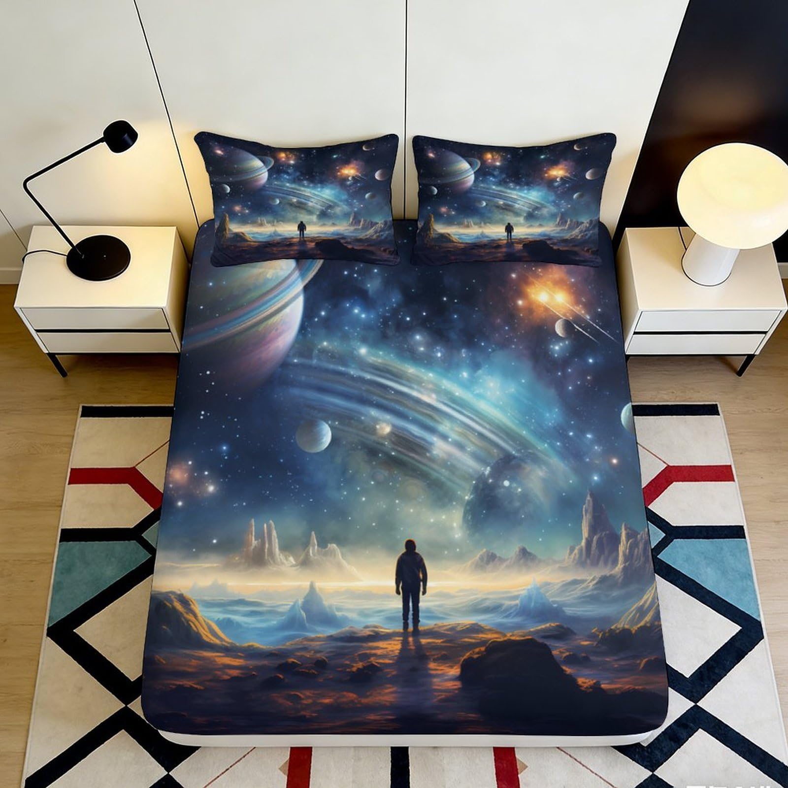3D Printed Galaxy Starry Sky Fitted Sheet Microfiber Soft Bedroom Decor Cosmic Nebula Mattress Cover Easy Care 90x200x25cm