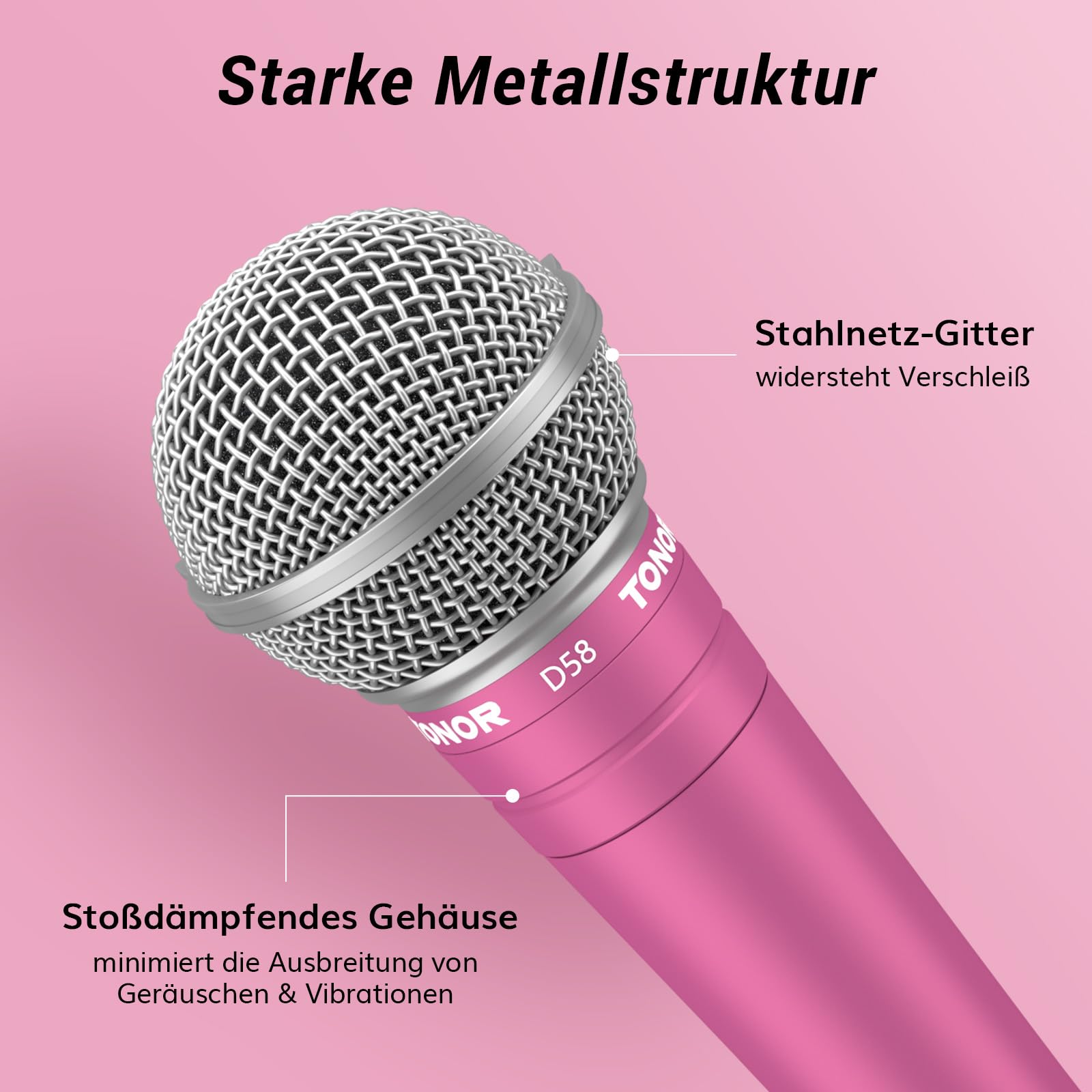 TONOR Dynamisches Gesangsmikrofon mit integriertem Poppfilter, XLR Mikrofon Handheld Microphone mit Rauschunterdrückung, 6,35 mm XLR-Ausgang für Gesang Bühne Aufnahme Karaoke Maschine, D58 Rosa