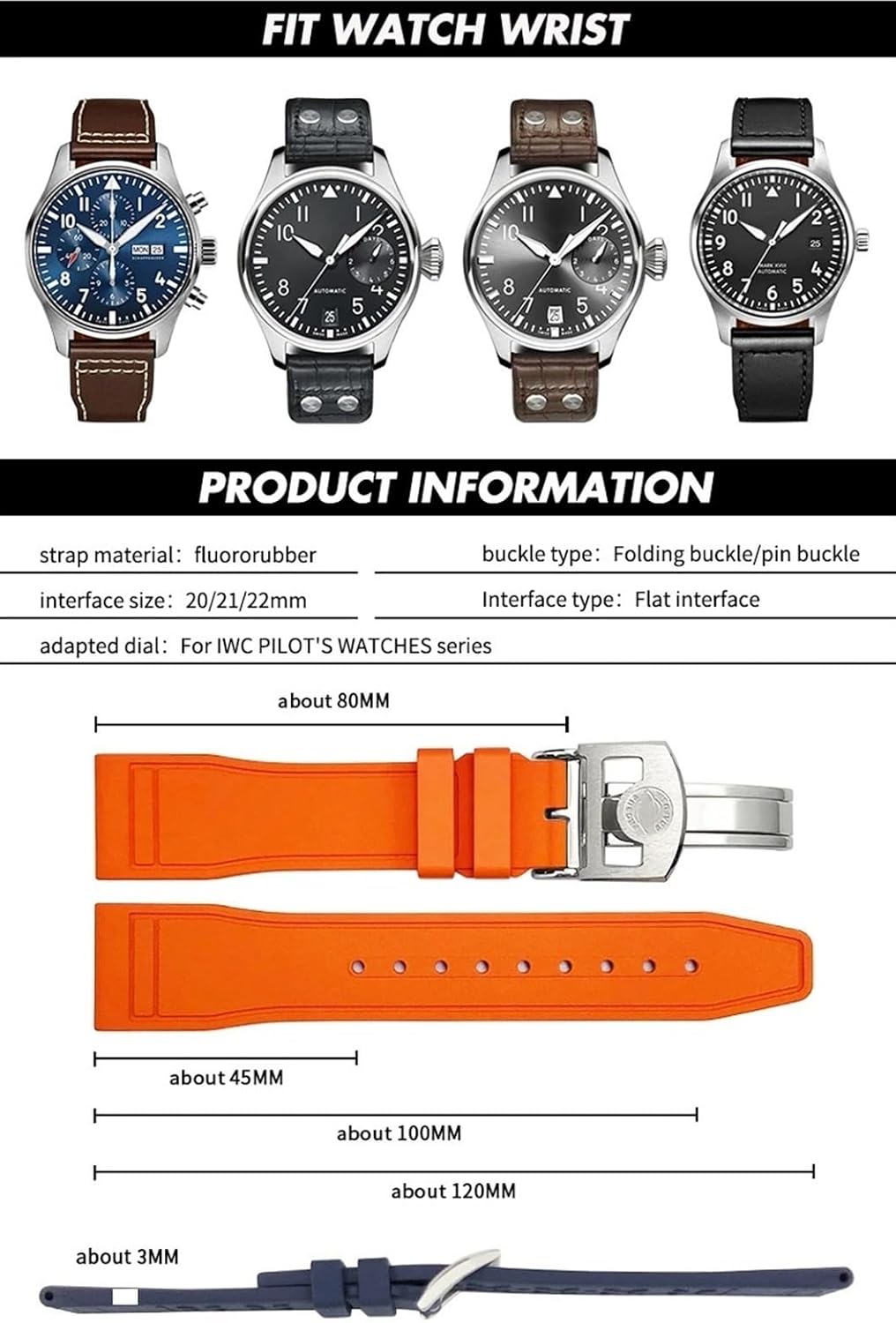 TOPBD 21mm Soft Fluororubber FKM Watchbands 20mm 22mm For IWC Big Pilot Portofino Natural Rubber Watch Strap Tools