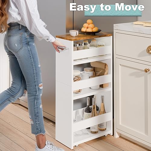 Miniatura 2 de MARTY Carrito de almacenamiento rodante de 7.9 pulgadas de ancho, carrito de cocina blanco de 4 niveles con ruedas, carrito de almacenamiento