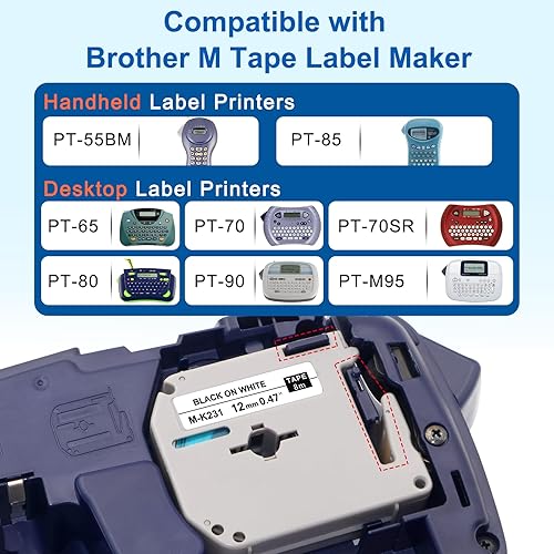 Miniatura 2 de BOYEEZON MK231 - Cinta de etiquetas compatible con Brother Ptouch M Tape 0.472 in 0.47 White M-K231S MK-231 M231 Cinta de etiquetas para Brother