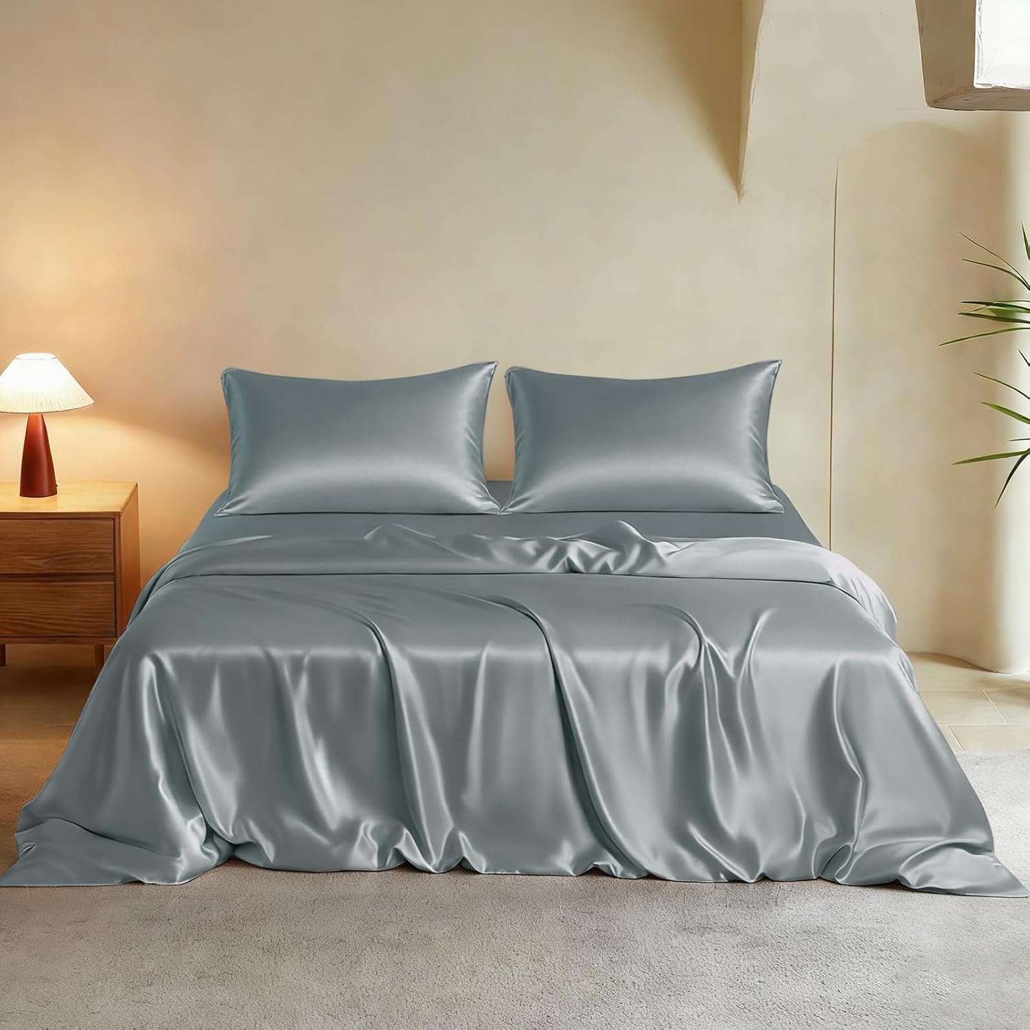 THXSILK Luxury King Silk Duvet Cover Set 3 Pieces, Extra Soft, Breathable & Cooling Bedding Set, Machine Washable & Durable, 1 Duvet Cover & 2 Pillowcases with Zipper Closure(Stone Blue)
