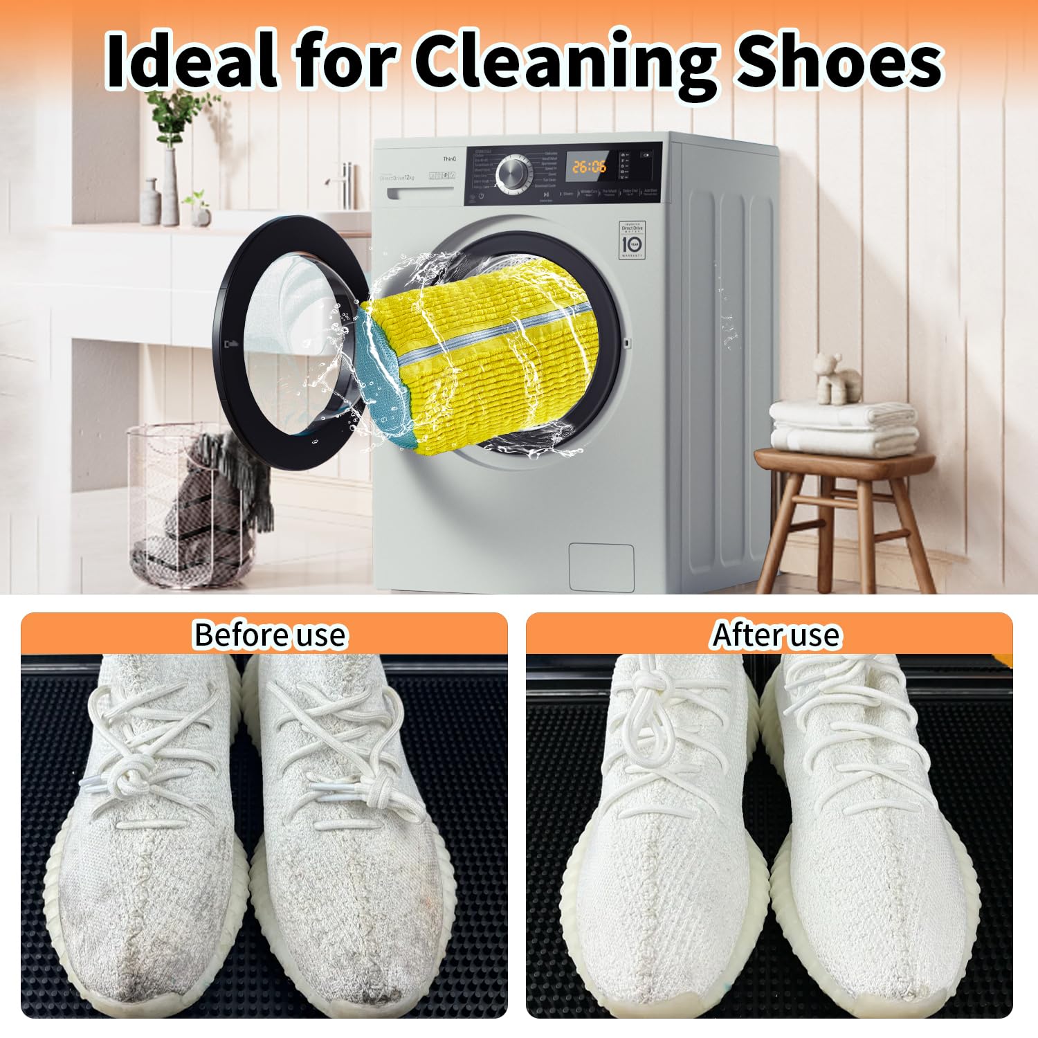 Shoe Washing Machine Bag, 2Pcs Reusable Shoe Cleaning Bag for Washing Machine, Shoe Laundry Bag for Washer, Cleaner bag for Sneakers Tennis Shoes (Yellow 2pcs)