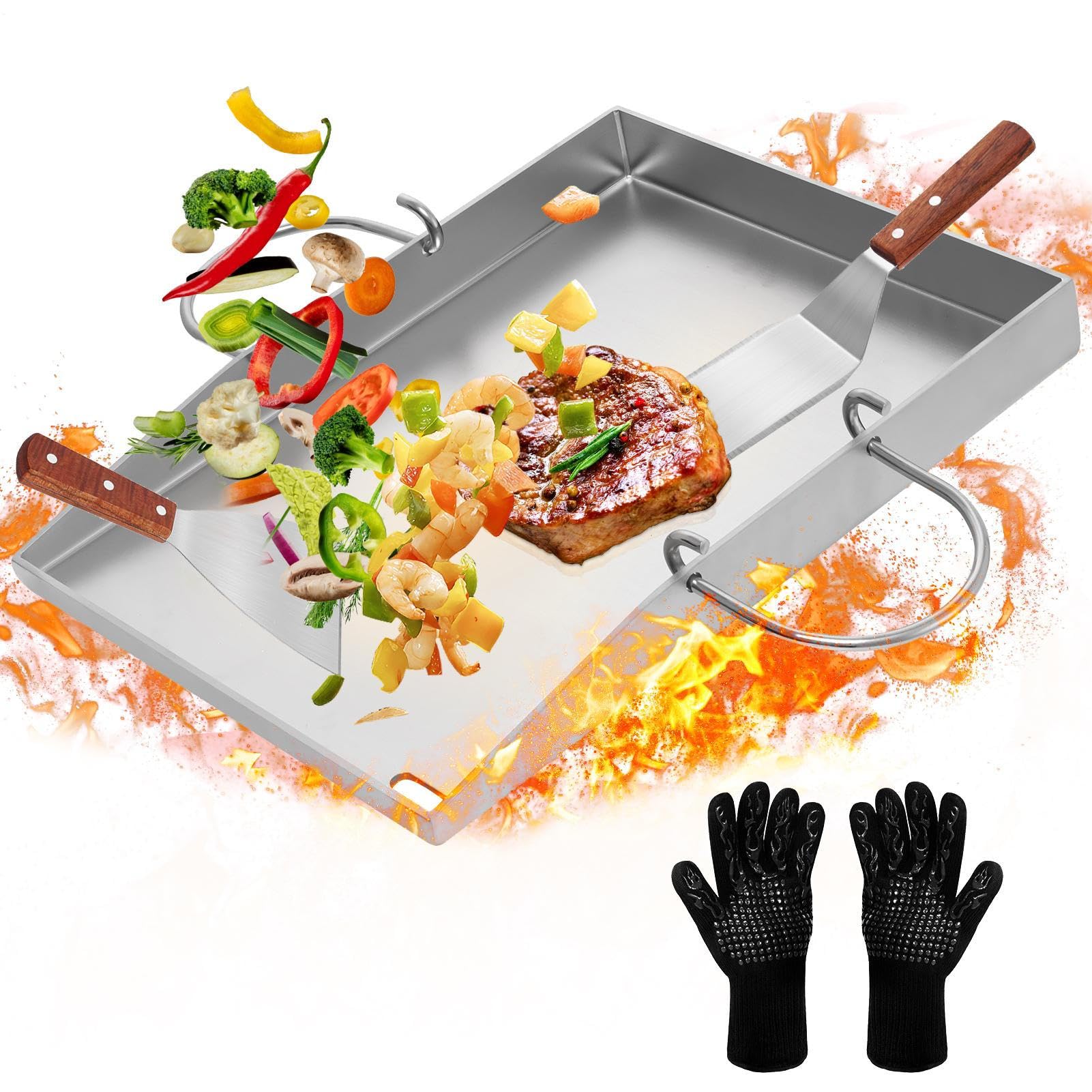 Sartén para parrilla, sartén antiadherente – Cestas para parrilla de alto rendimiento | Bandeja de servir alimentos con kit de espátula, herramientas de barbacoa con guantes secretos resistentes al