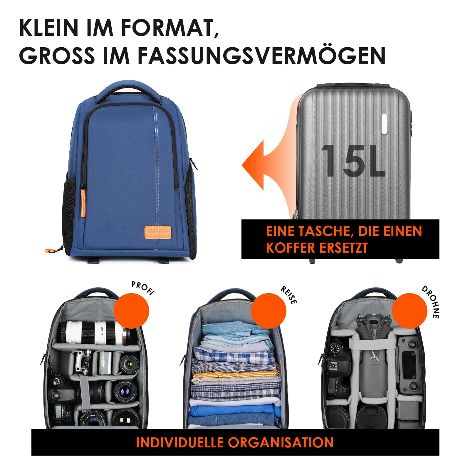 TARION Kamerarucksack Leicht Kamera Rucksack mit 15 Zoll Laptopfach Blau | Kompakt DSLR Rucksack Wasserdicht Fotorucksack Klein mit Regenschutzhülle Regenhaube für Outdoor Reisen TB-04