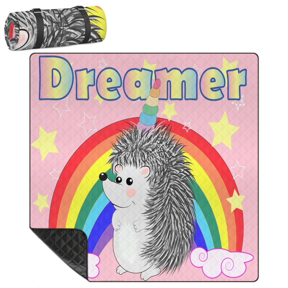 Shimoshe Extra Large Picnic Blankets 79”x 79”, Rainbow Hedgehog Waterproof Foldable Picnic Mat with Straps Portable Beach Blanket for Camping Park Grass Beach Indoor