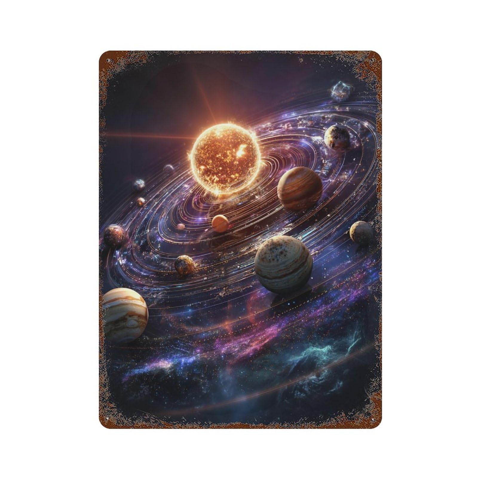 Solar System Planets Artwork Rust Effect Tin Sign 15.7"x11.8", Retro Wall Decor for Pub, Kitchen And Man Cave Decor