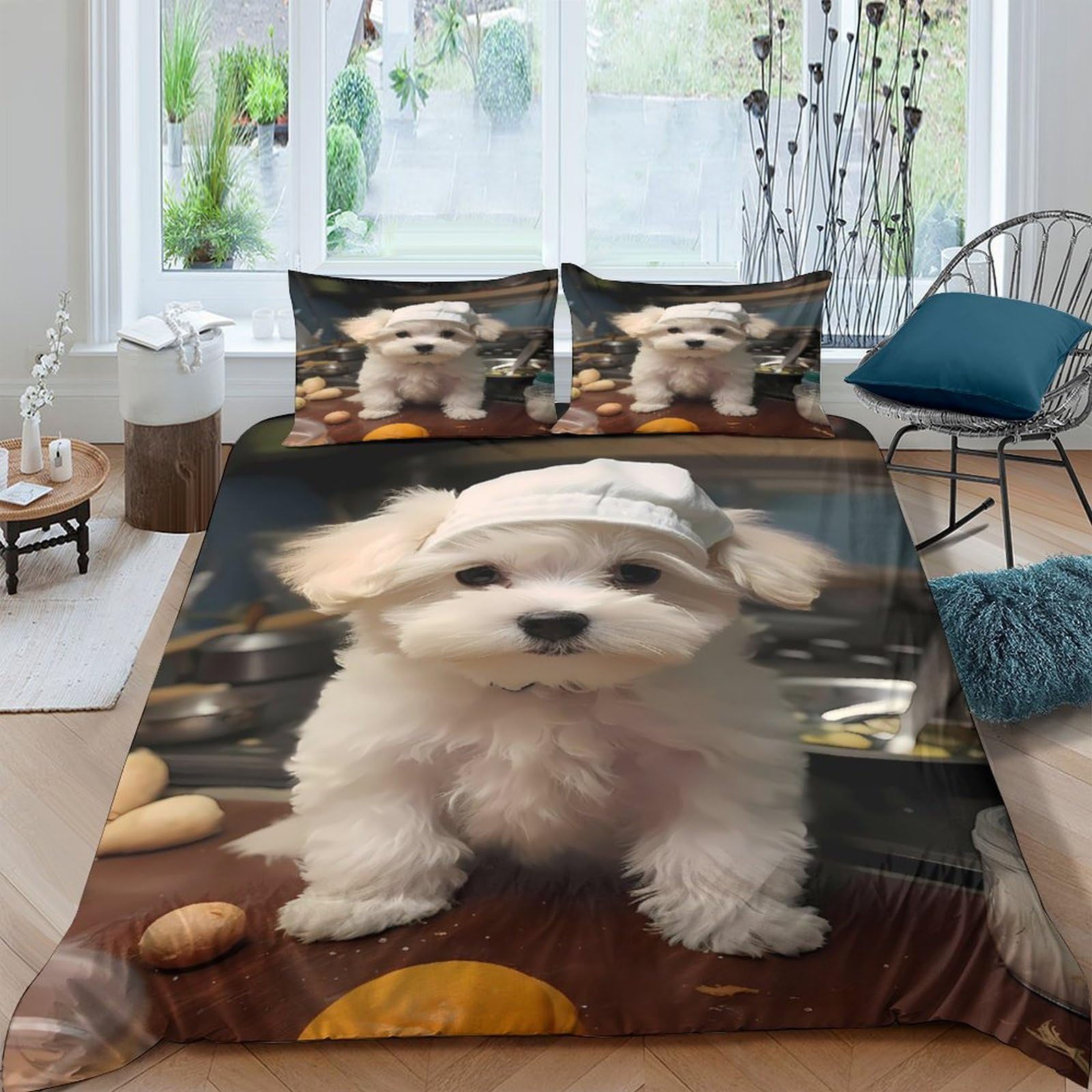 Ctjqhvkz Style-1 3D Printed Cute White Puppy Fitted Sheet Microfiber Soft Anti-Slip Mattress Cover For Bedroom Dorm Room Decoration Easy Care Single（135X200cm）
