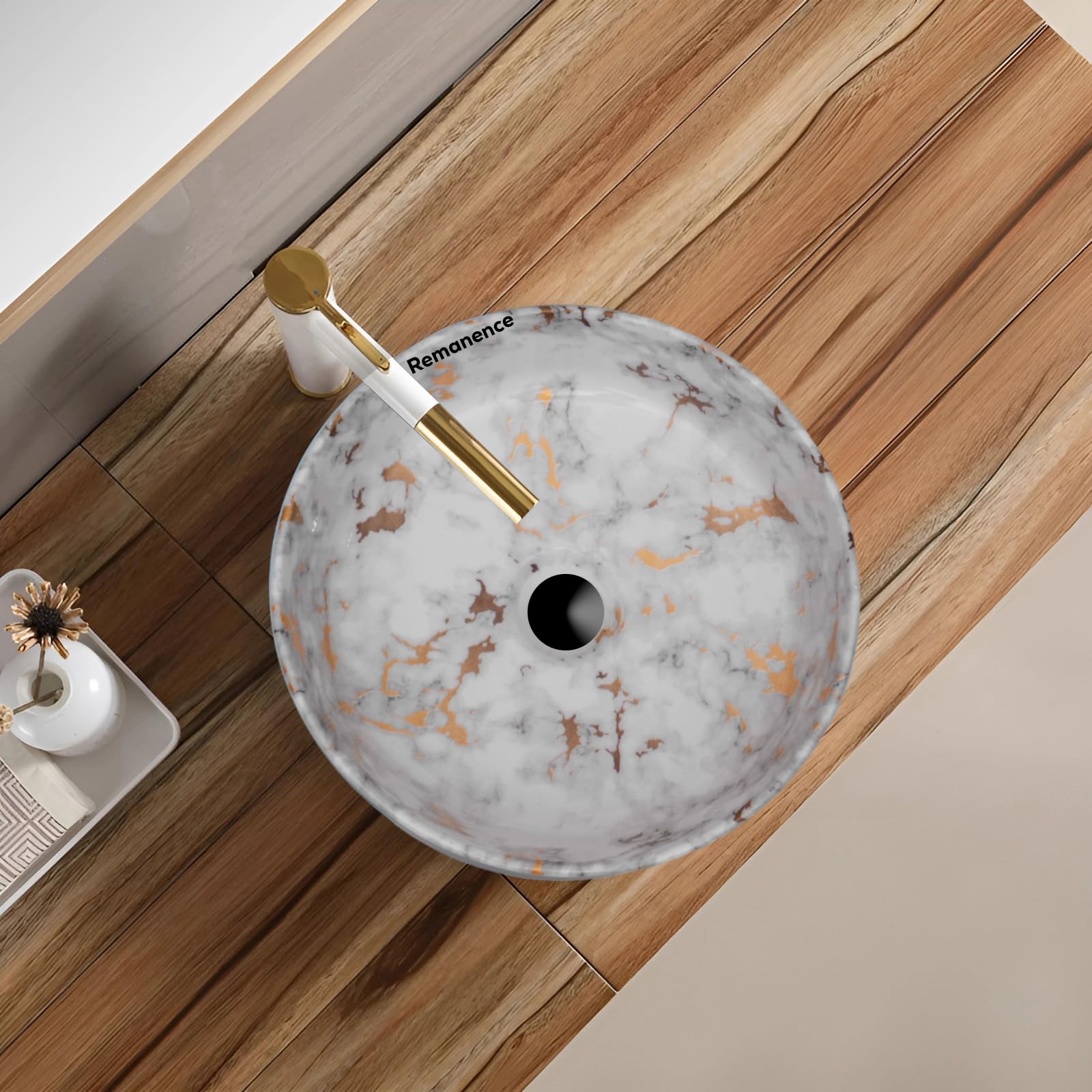 REMANENCE Round Countertop Wash Basin | Designer Table Top Bathroom Basin Sink | Vessel Sink Wash Basin Over Counter for Bathroom, Hotel, Home Living Room (12.5 x 12.5 x 5 Inch) (White Gold Spot) 1