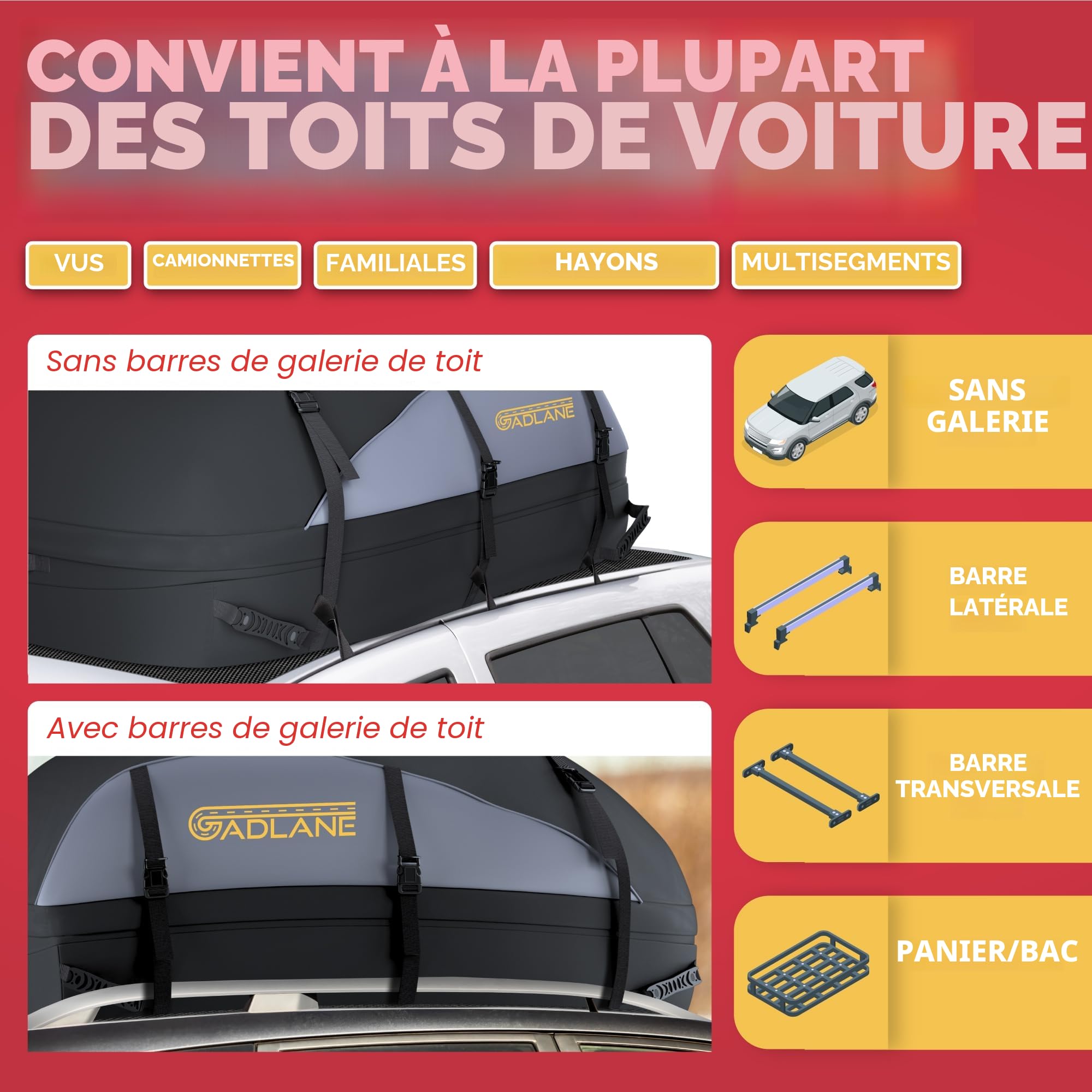 GADLANE Sac de Toit de Voiture 550L - Coffre de Toit étanche pour Voitures avec/sans Porte-Bagages de Toit avec 6 Sangles Robustes, Tapis antidérapant et Sac de Rangement (Gris/Noir)