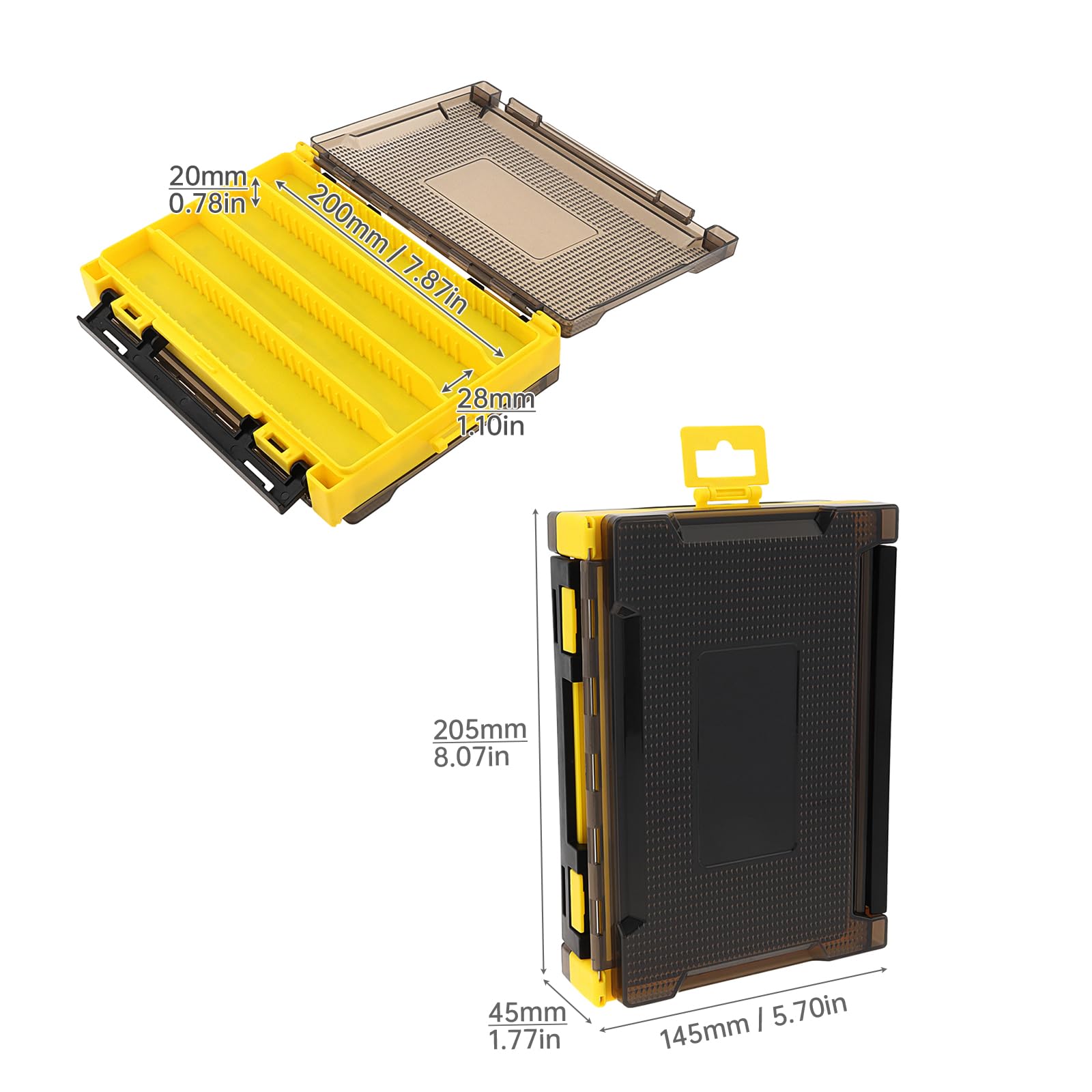 Caja organizadora doble cara para accesorios de pesca, 20,5 x 14,5 x 4,5 cm, con compartimentos y ranuras de esponja, translúcida y resistente al agua