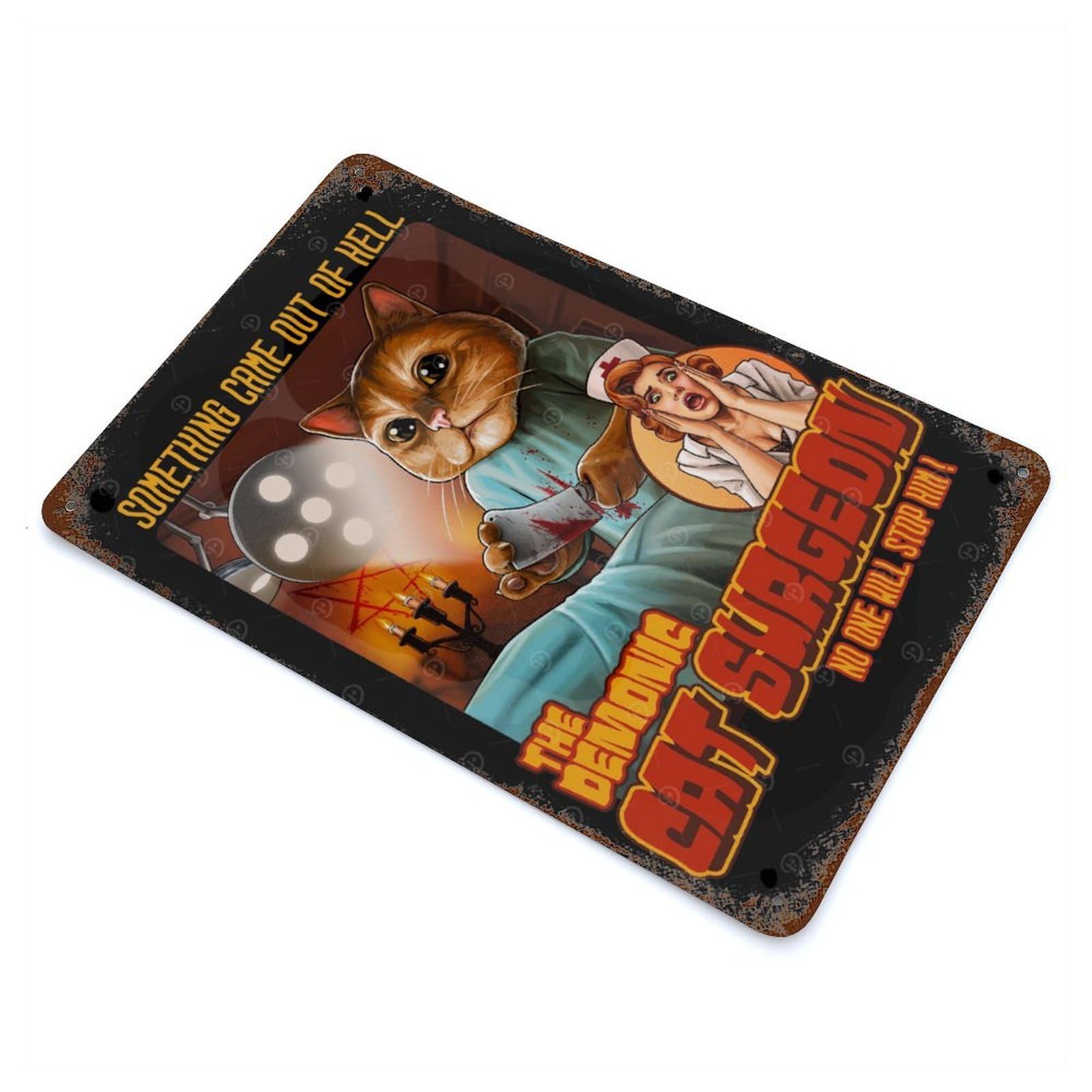 Vintage Metal Tin Sign Demonic Cat Surgeon 11.8"x7.9", Industrial Home Decor for Farmhouse, Kitchen And Entryway Decor