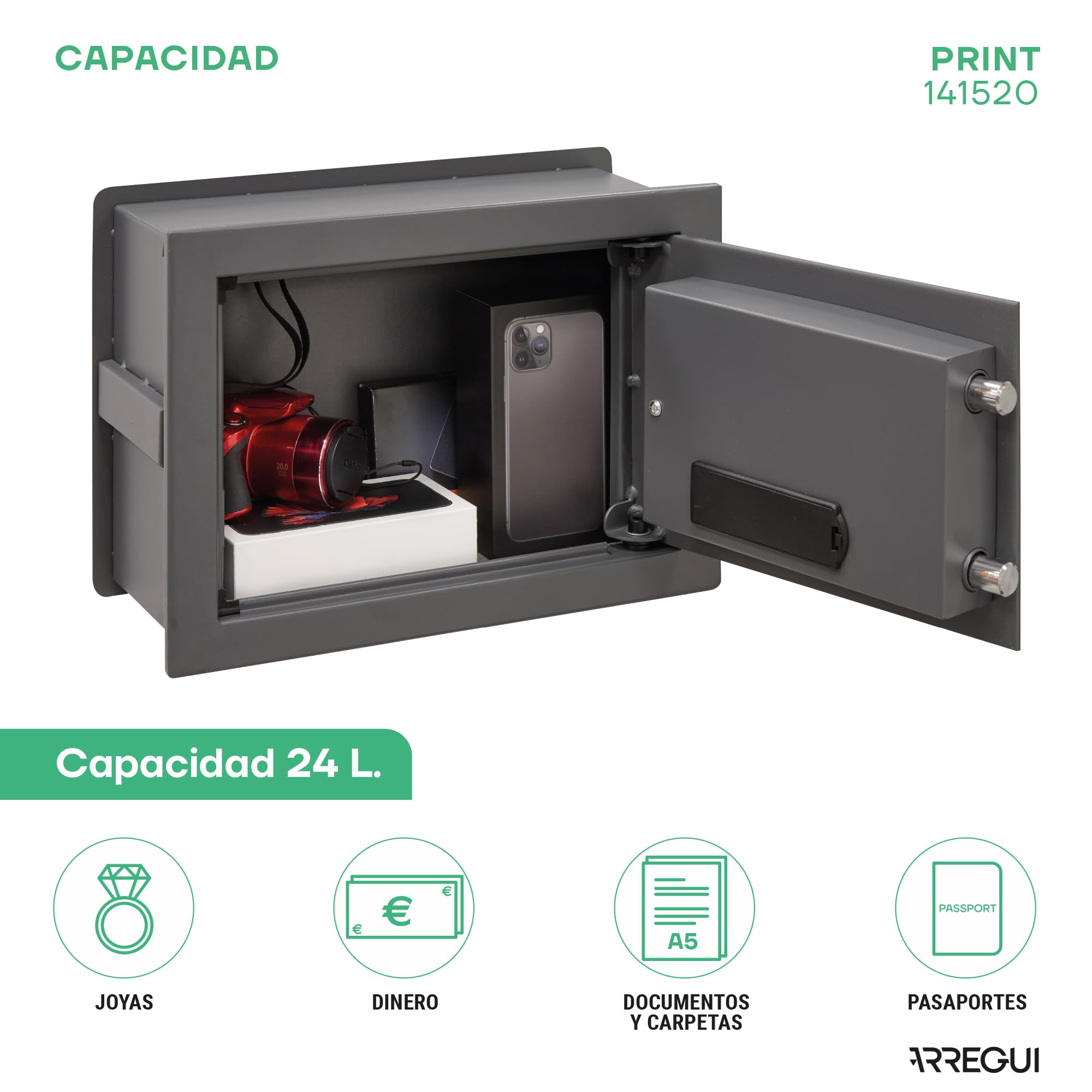 ARREGUI Print 141520 Caja fuerte de empotrar a pared con apertura mediante huella dactilar o con codigo|Caja de seguridad con lector biometrico para casa y hogar|Fundo extensible 26 x 35 x 15/25 cm