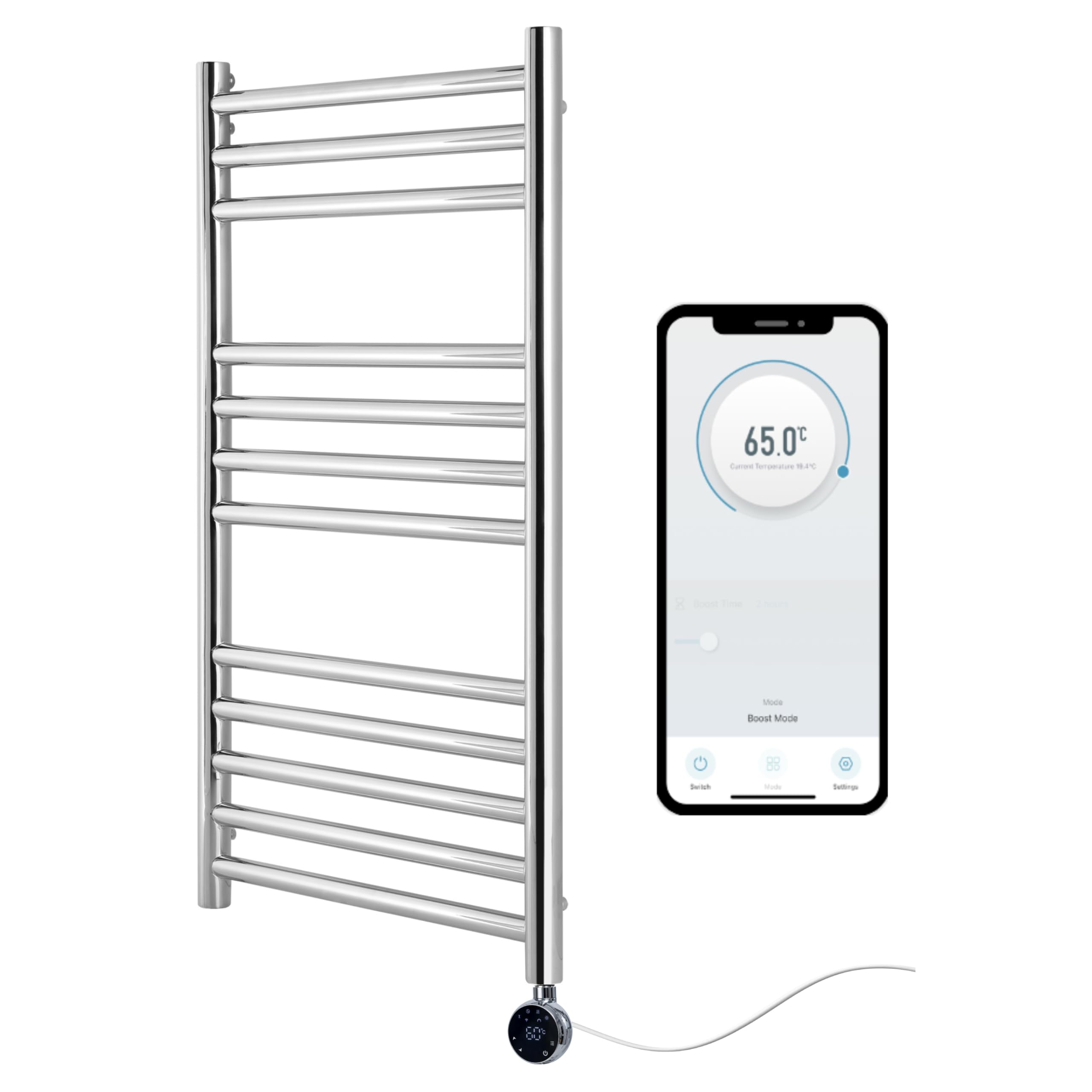 Greened House Electric Boston Heated Towel Rail Smart WiFi Controlled Stainless Steel Flat 7 Day Programmable Timer App Compatibility (Mirror Polished Stainless Steel, 400mm W x 800mm H)