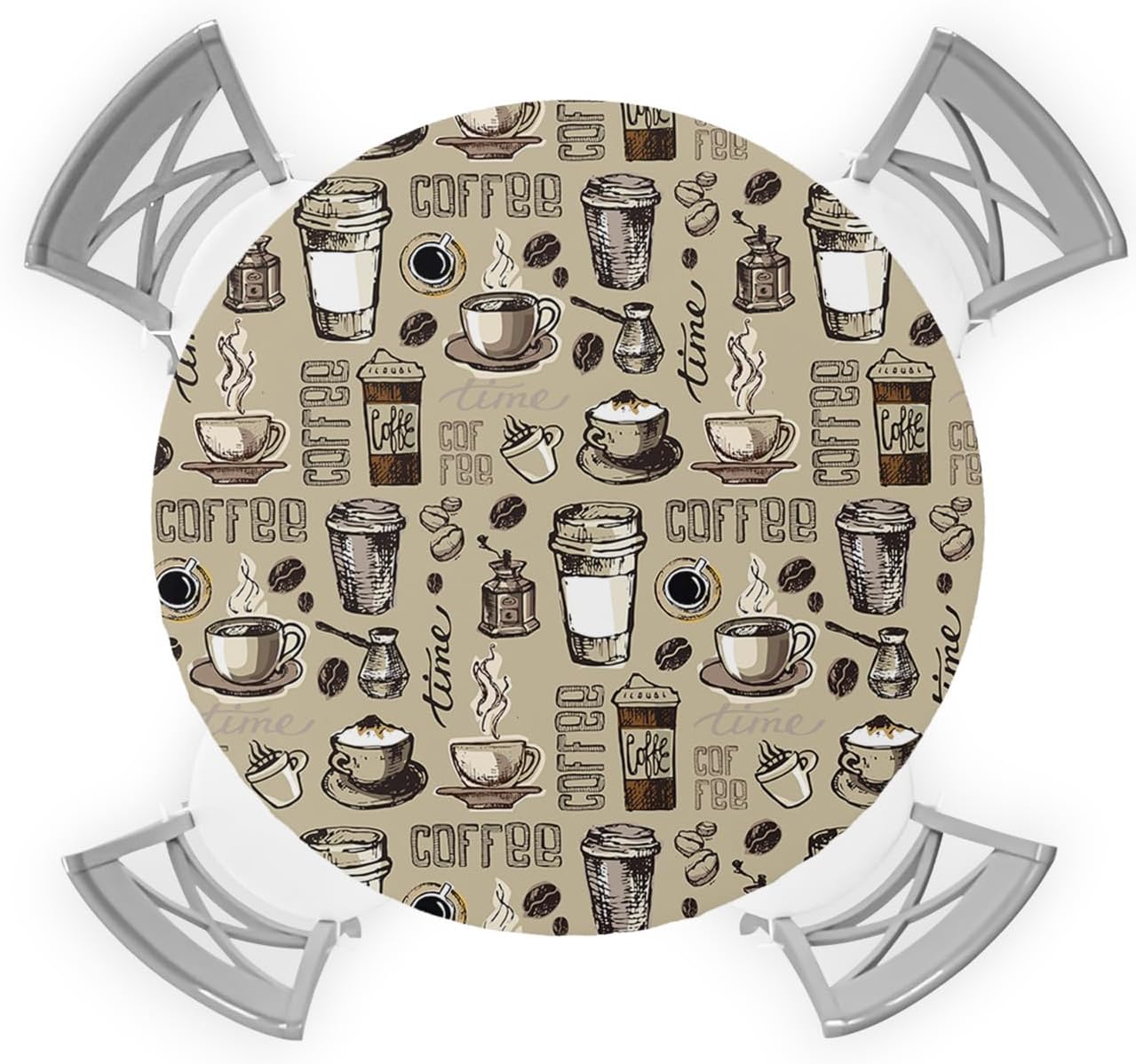 ChucocoCoffee Theme Round Fitted Table Cover for Dining Tables,Elastic Edged Tablecloth Hot Coffee and Beans Retro Cup Waterproof Tables Cover Cloths for Kitchen Dinner,Party,Events,Wedding Taupe