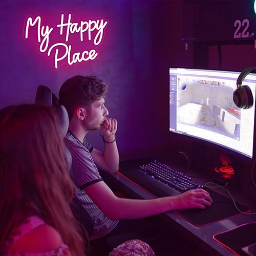 Miniatura 7 de Letrero de neón con texto en inglés My Happy Place, luz de neón LED rosa regulable para decoración de pared, alimentada por USB, luces de neón con