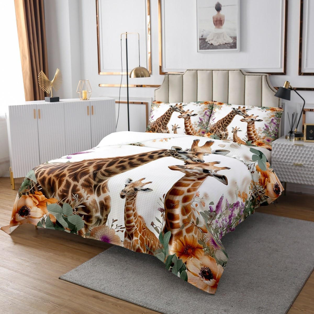 Castle Fairy 3D Giraffe Bedspread King Size,Brown Giraffe Skin Print Bedding Set 3Pcs,Flower Leaves Comforter Set for Kids Girls Boys Adult Room Decor,Tropical Wild Animals Quilt Set,2 Pillowcases