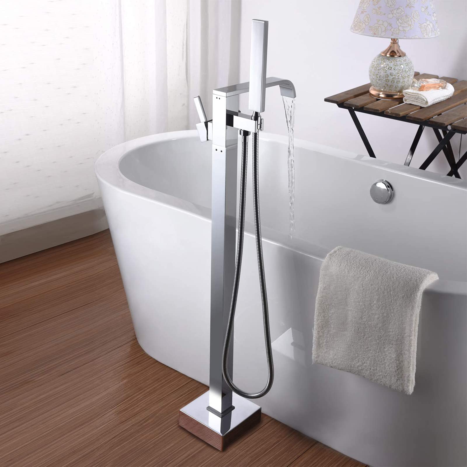 Grifo para bañera Llenador de bañera en Cascada Grifo de baño Independiente Grifo Monomando para bañera de latón Grifo para bañera de Montaje en Piso con Ducha de Mano Grifo de llenado para bañera,