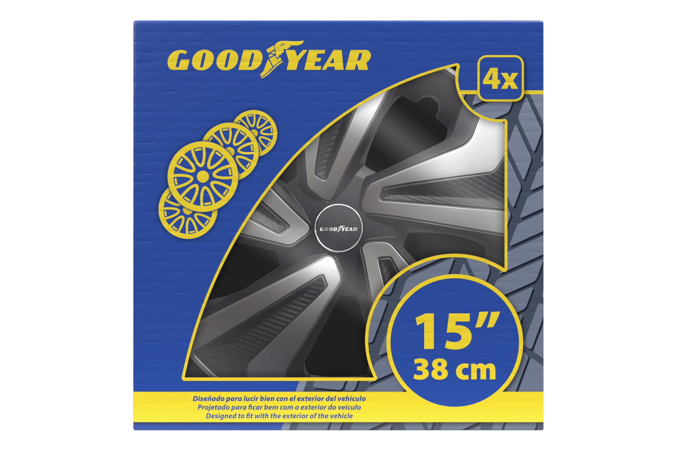 Goodyear Set di 4 copricerchi da 15" Modello Montreal Nero/Argento. Design sportivo per abbinarsi all'esterno del veicolo. Costruzione robusta e durevole.
