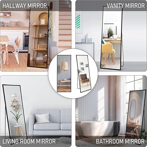 Miniatura 4 de Espejo de longitud al suelo, espejo de cuerpo completo con soporte de pie para dormitorio, con marco de aluminio, estilo decorativo montado en la